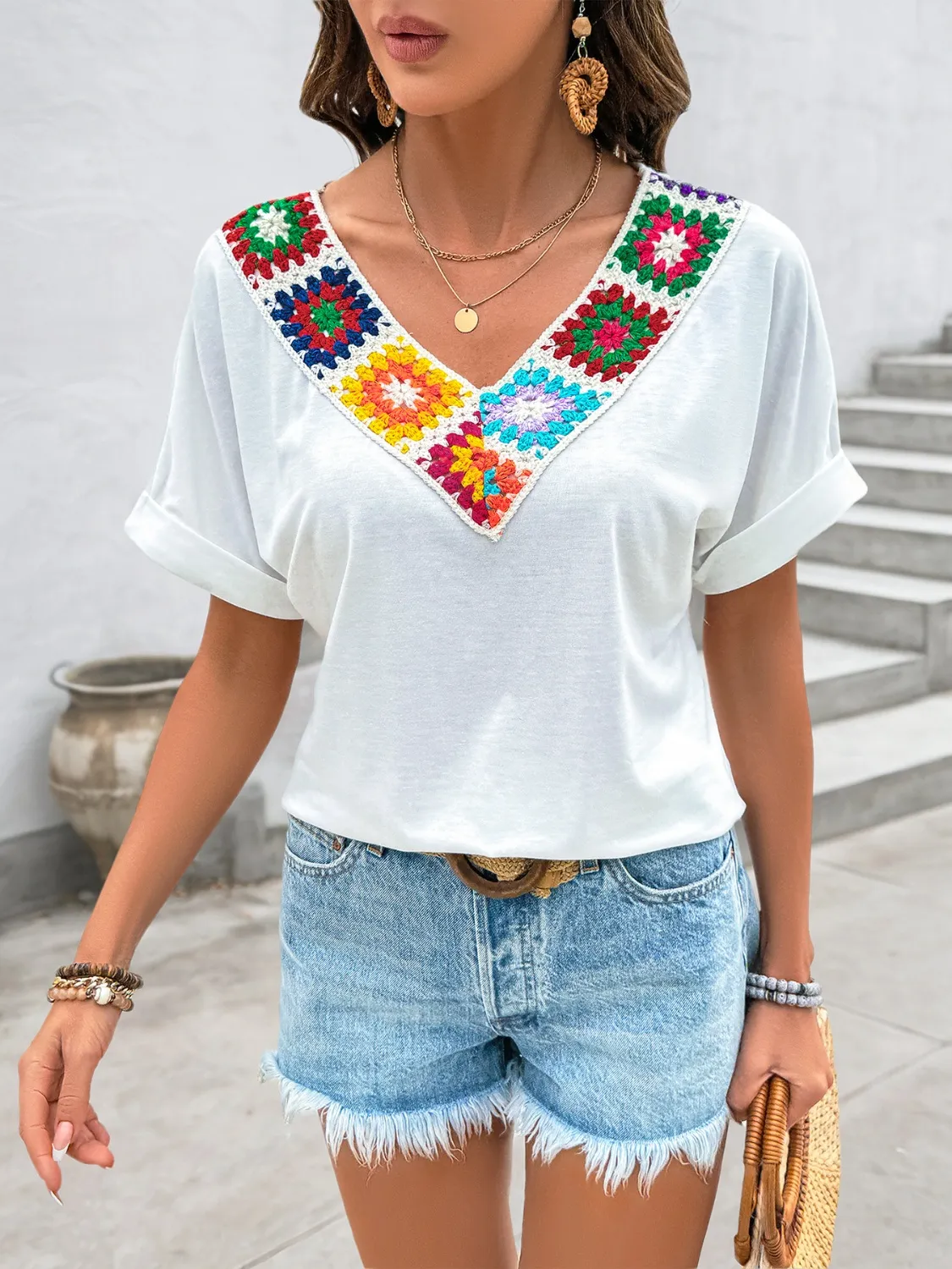 Contrast V-Neck Short Sleeve Top - Image 2