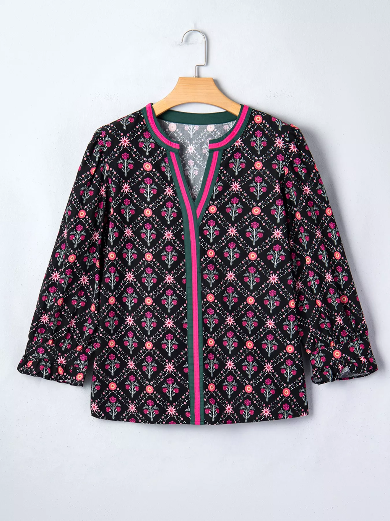 Contrast V Neckline Bracelet Sleeve Vintage Floral Blouse - Image 3