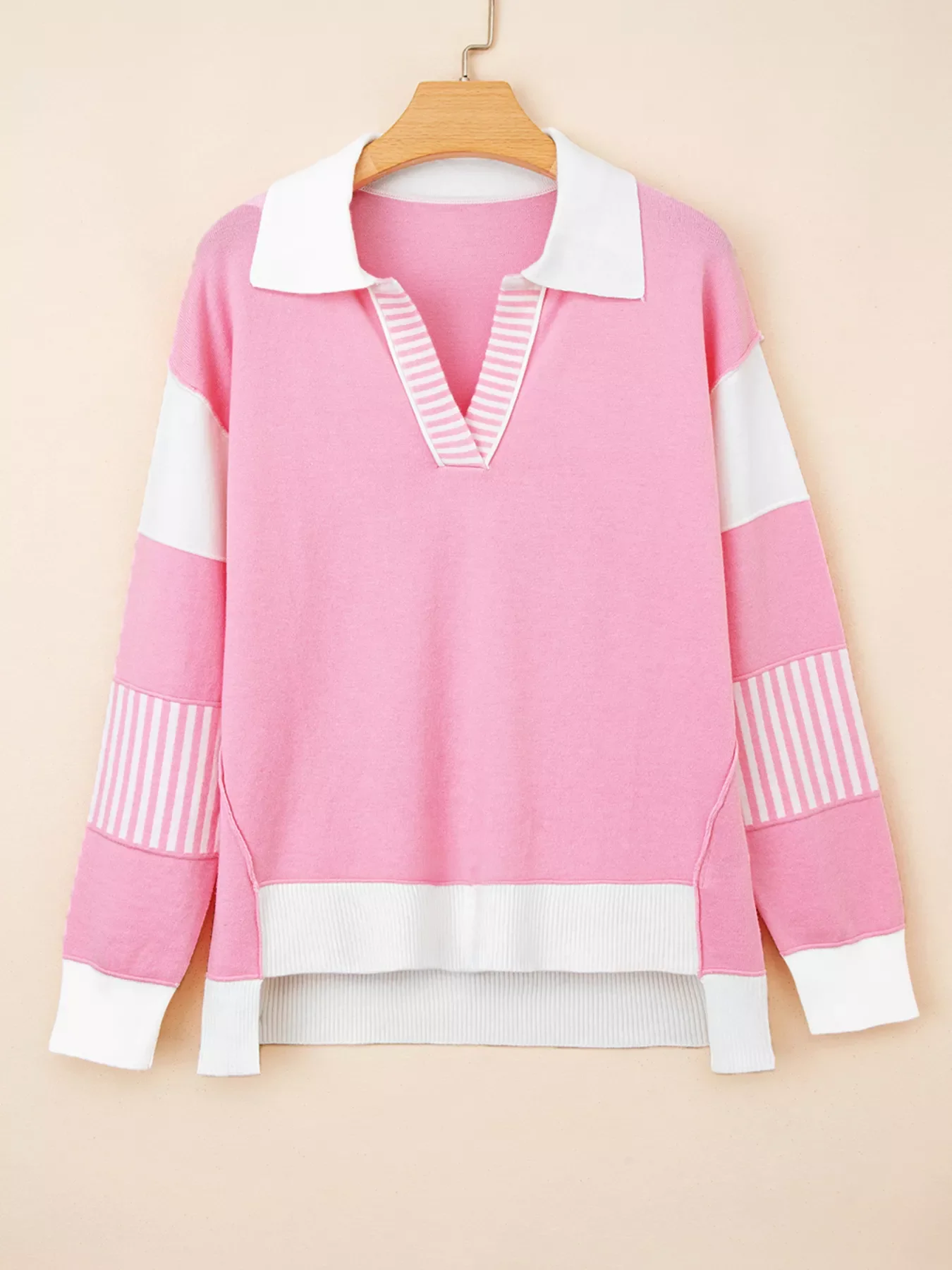 Contrasting Polo Collar Color Block Knit Drop Shoulder Sweater - Image 3
