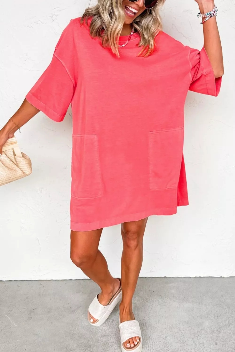 Coral Paradise Drop Shoulder Loose Casual T Shirt Mini Dress - Image 3