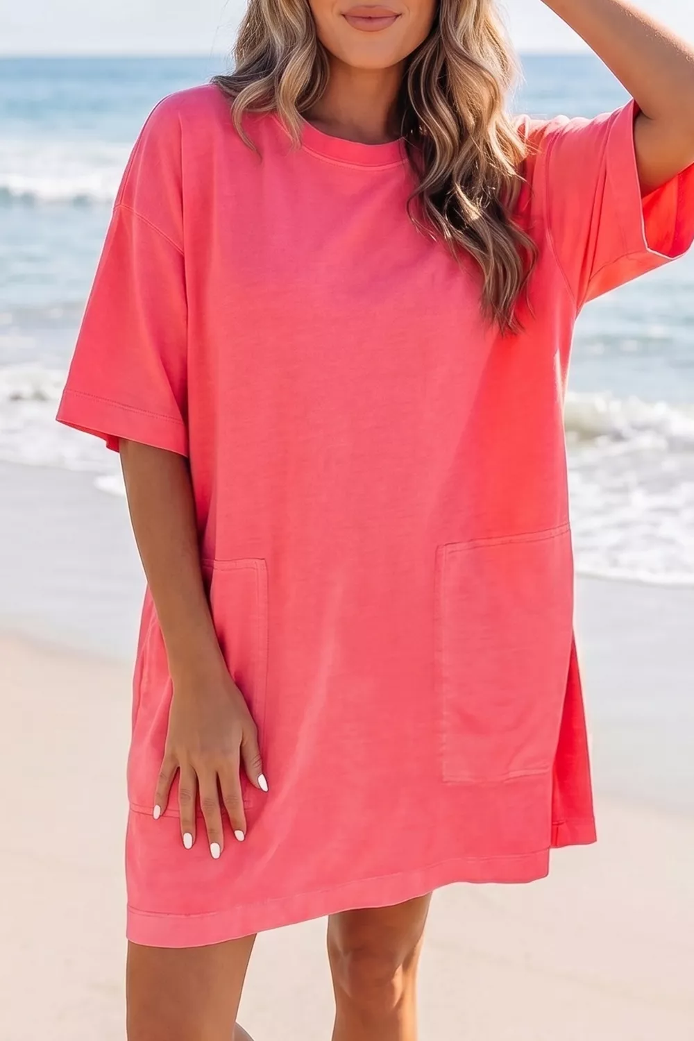 Coral Paradise Drop Shoulder Loose Casual T Shirt Mini Dress - Image 4