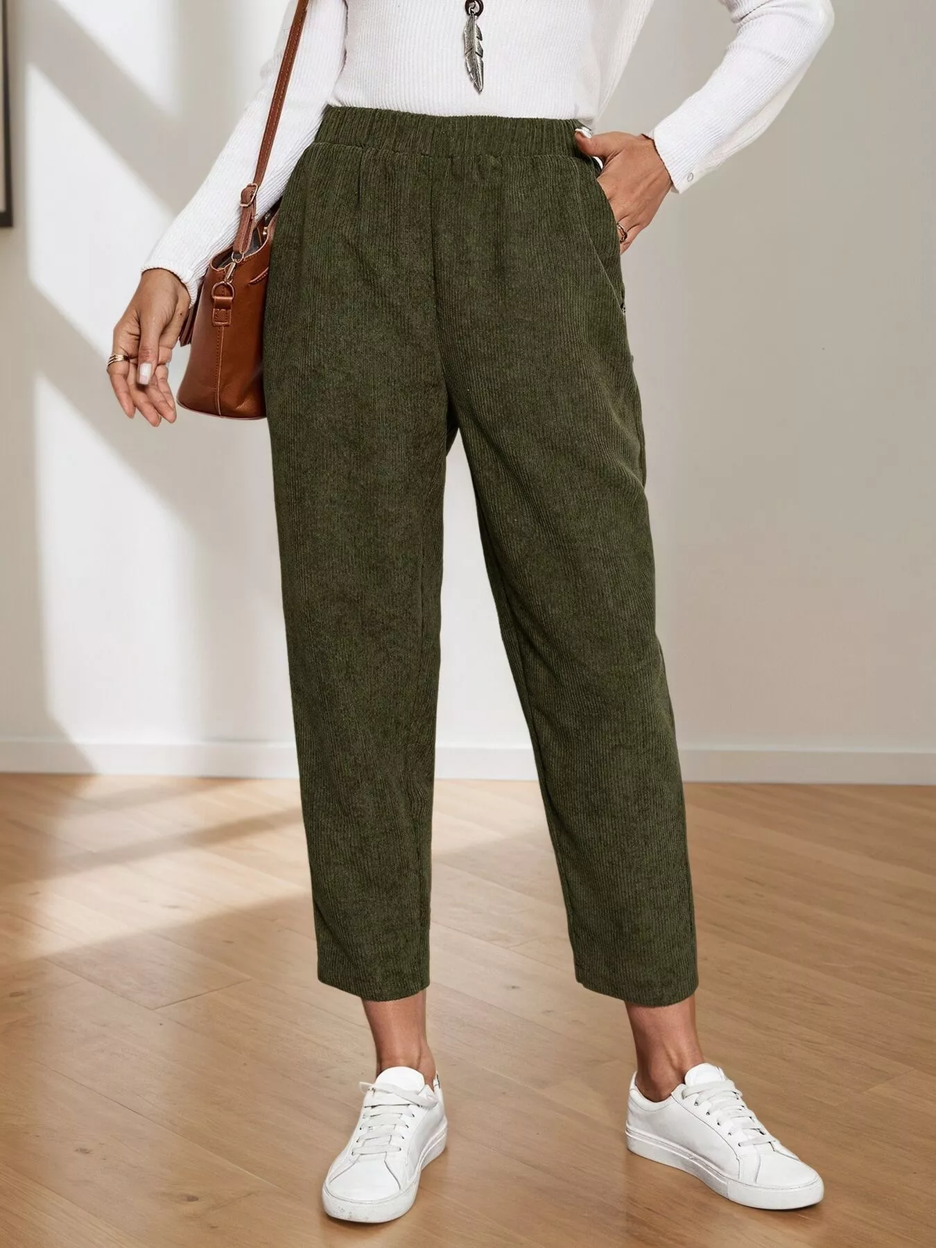 Corduroy Elastic Waist Cropped Pants - Image 8