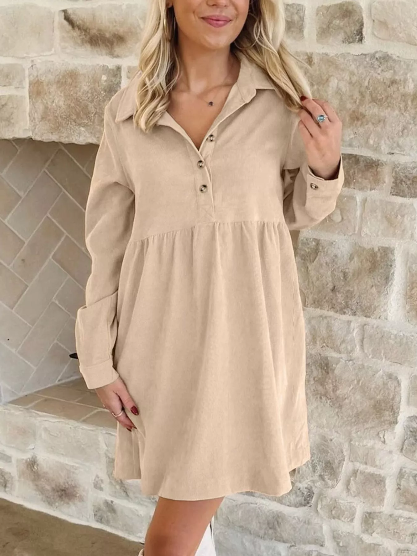 Corduroy Half Button Collared Long Sleeve Mini Dress - Image 3
