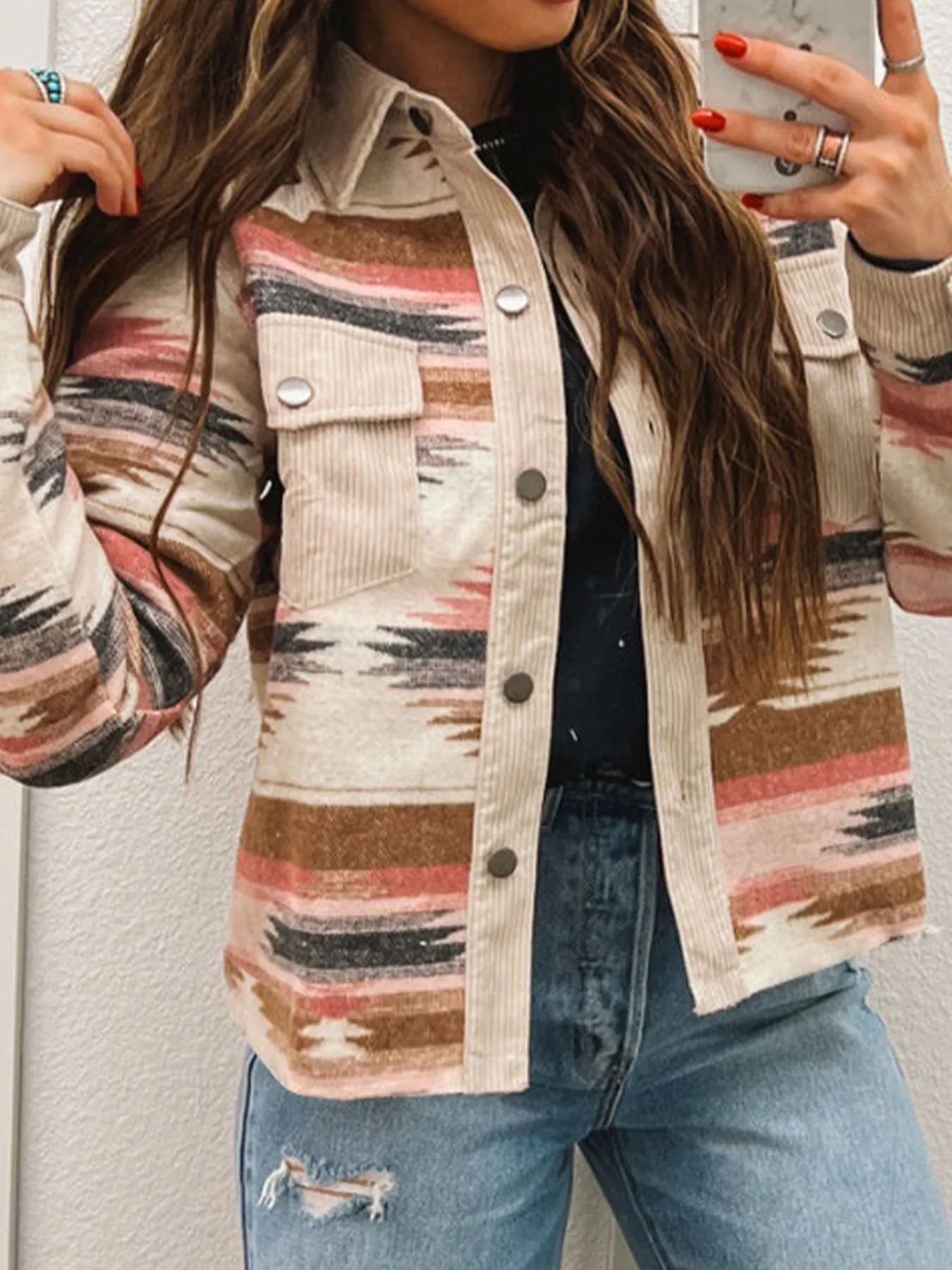 Corduroy Hem Striped Button-Up Jacket - Image 3