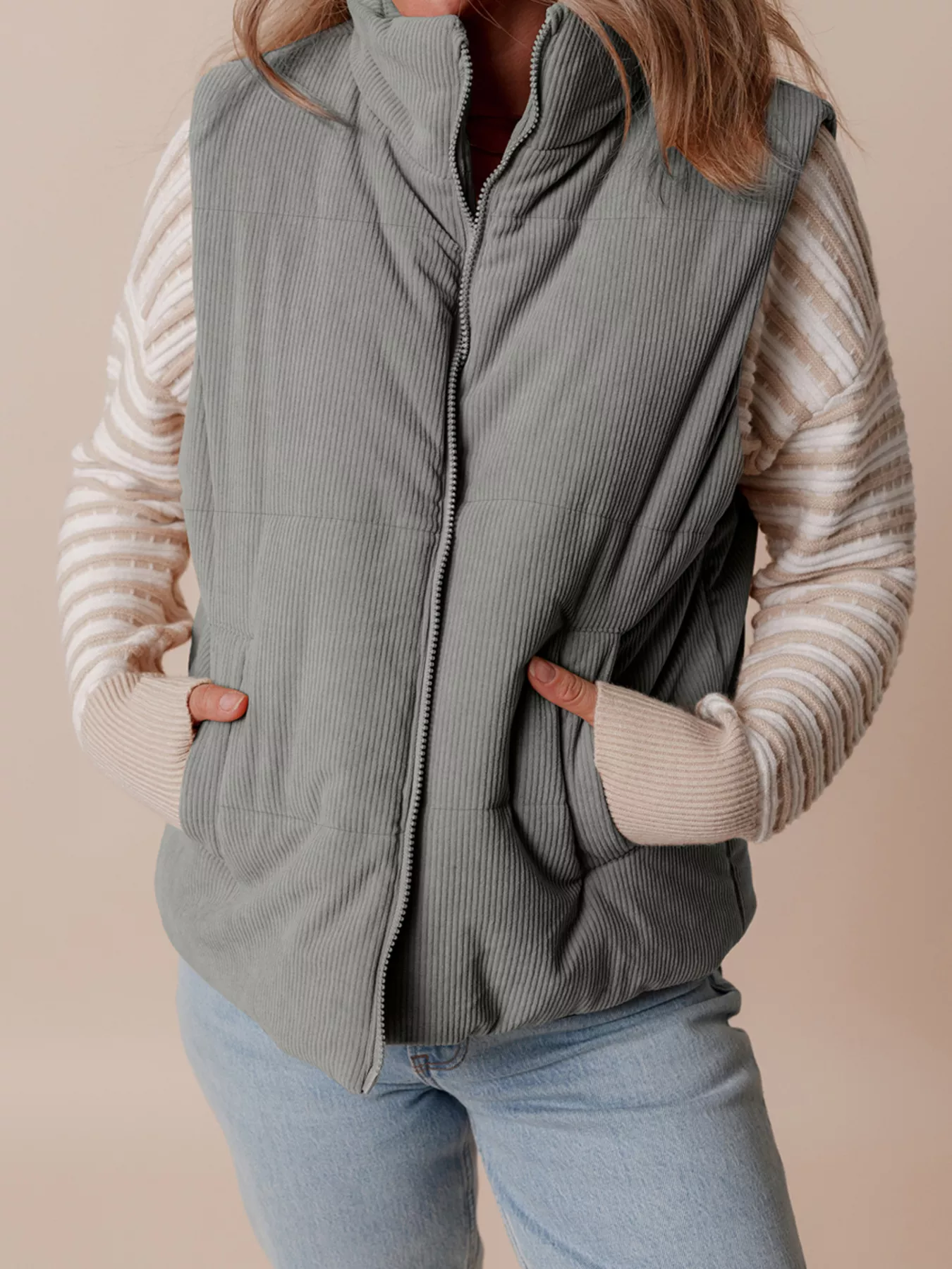Corduroy Stand Neck Zipped Puffer Vest - Image 11