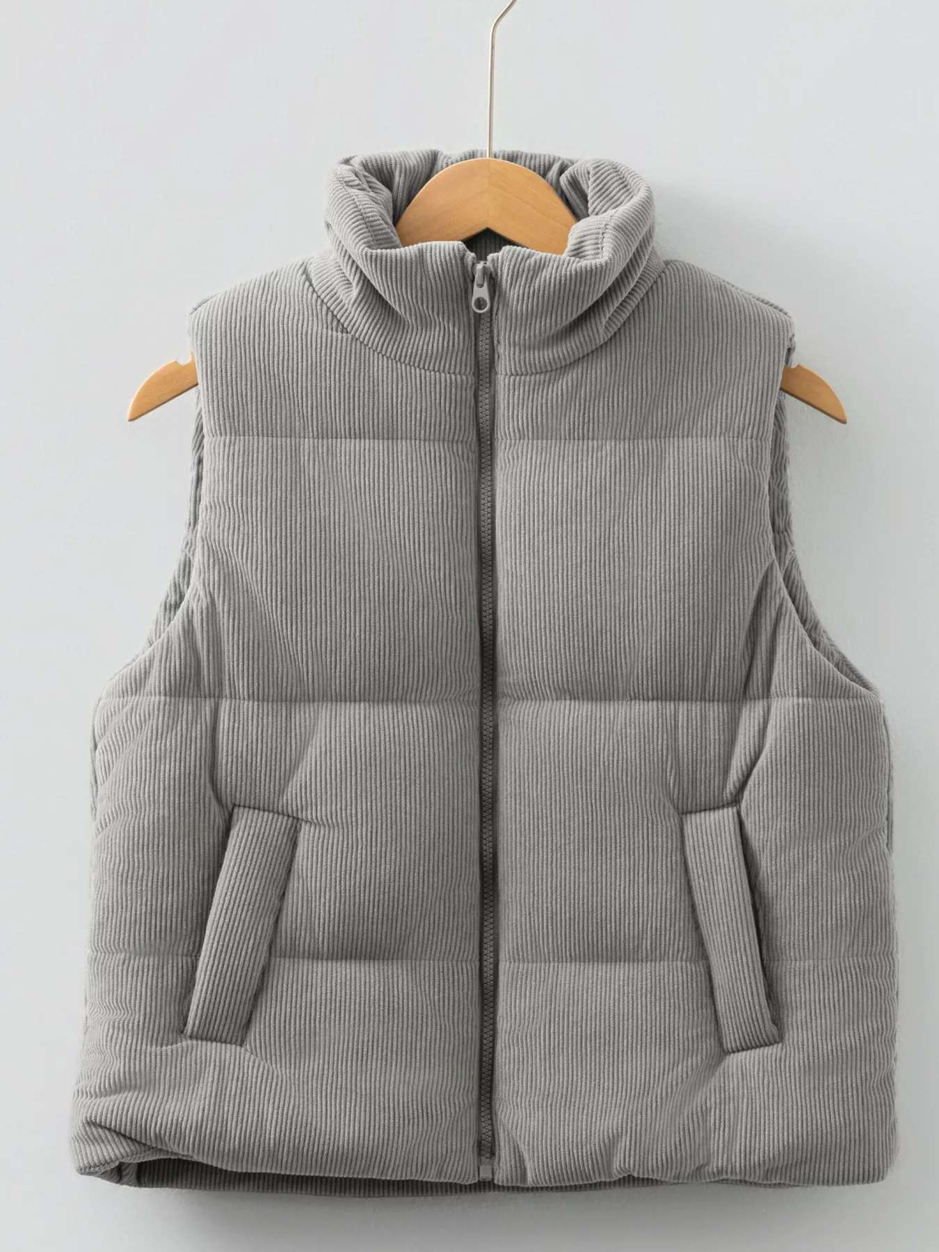 Corduroy Stand Neck Zipped Puffer Vest - Image 12