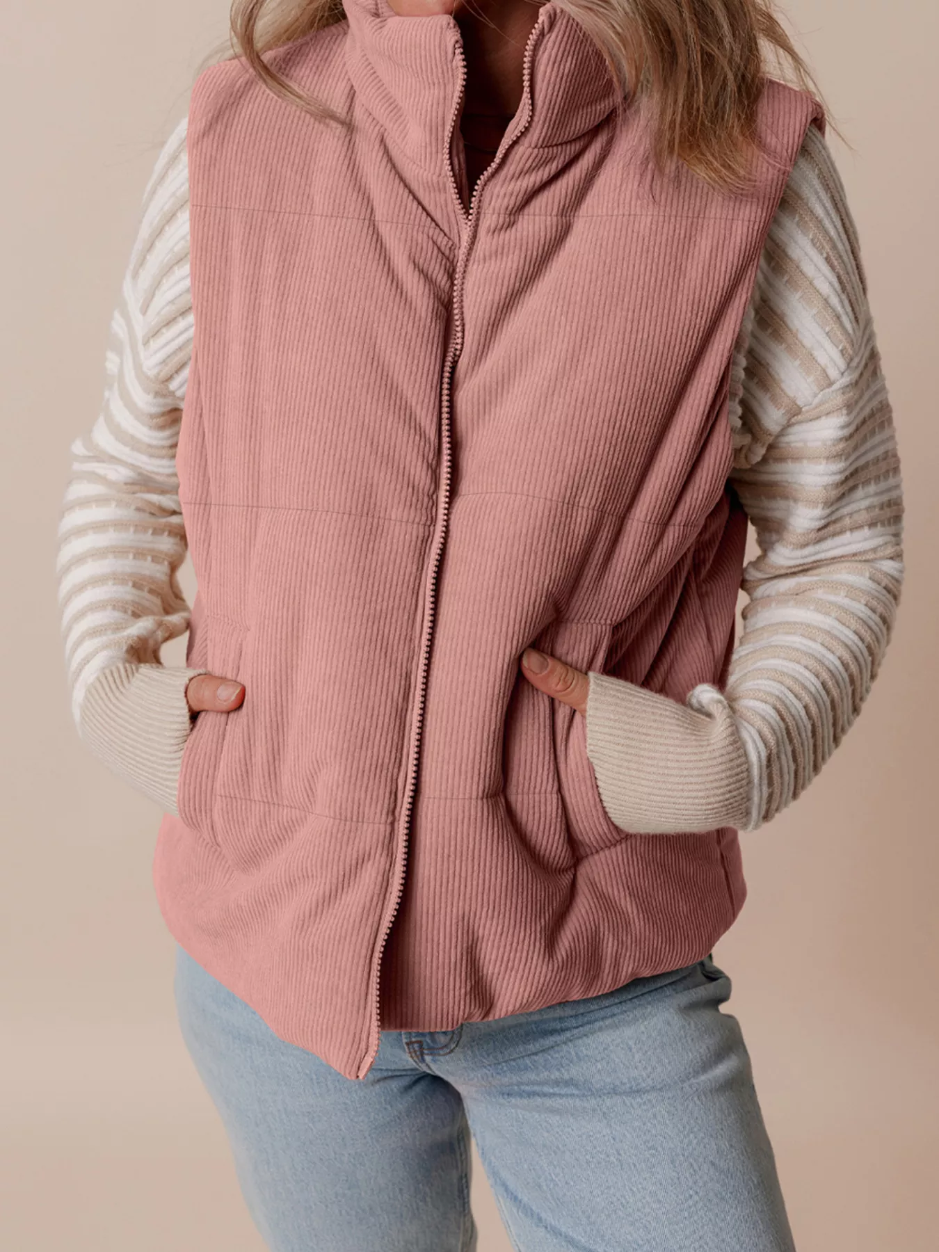 Corduroy Stand Neck Zipped Puffer Vest - Image 2
