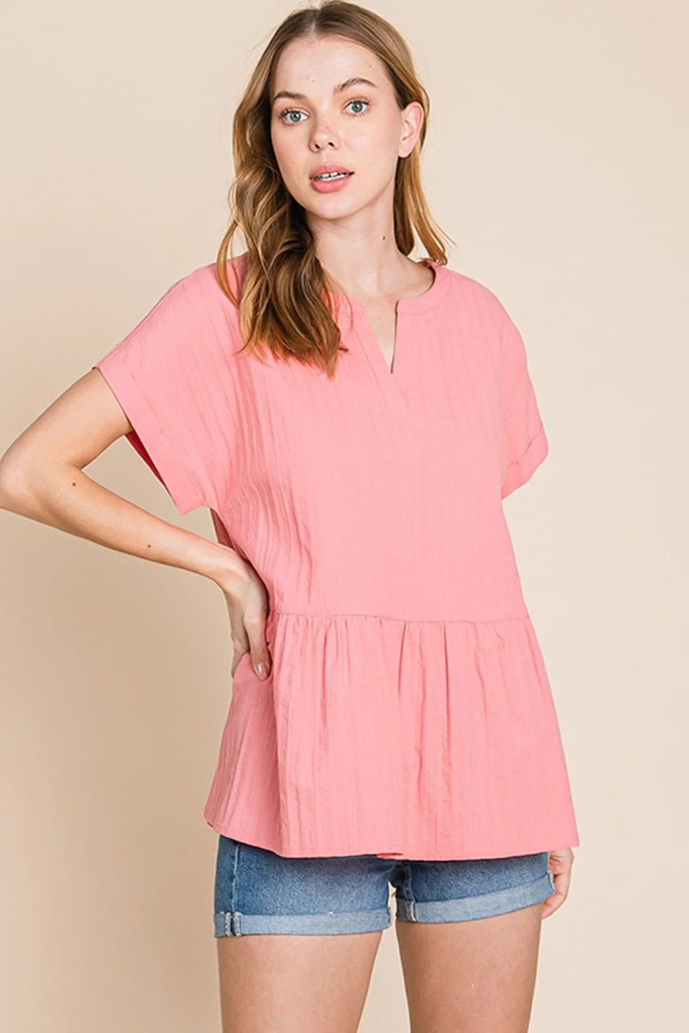 Cotton Bleu by Nu Label Notched Short Sleeve Peplum Top - Image 4