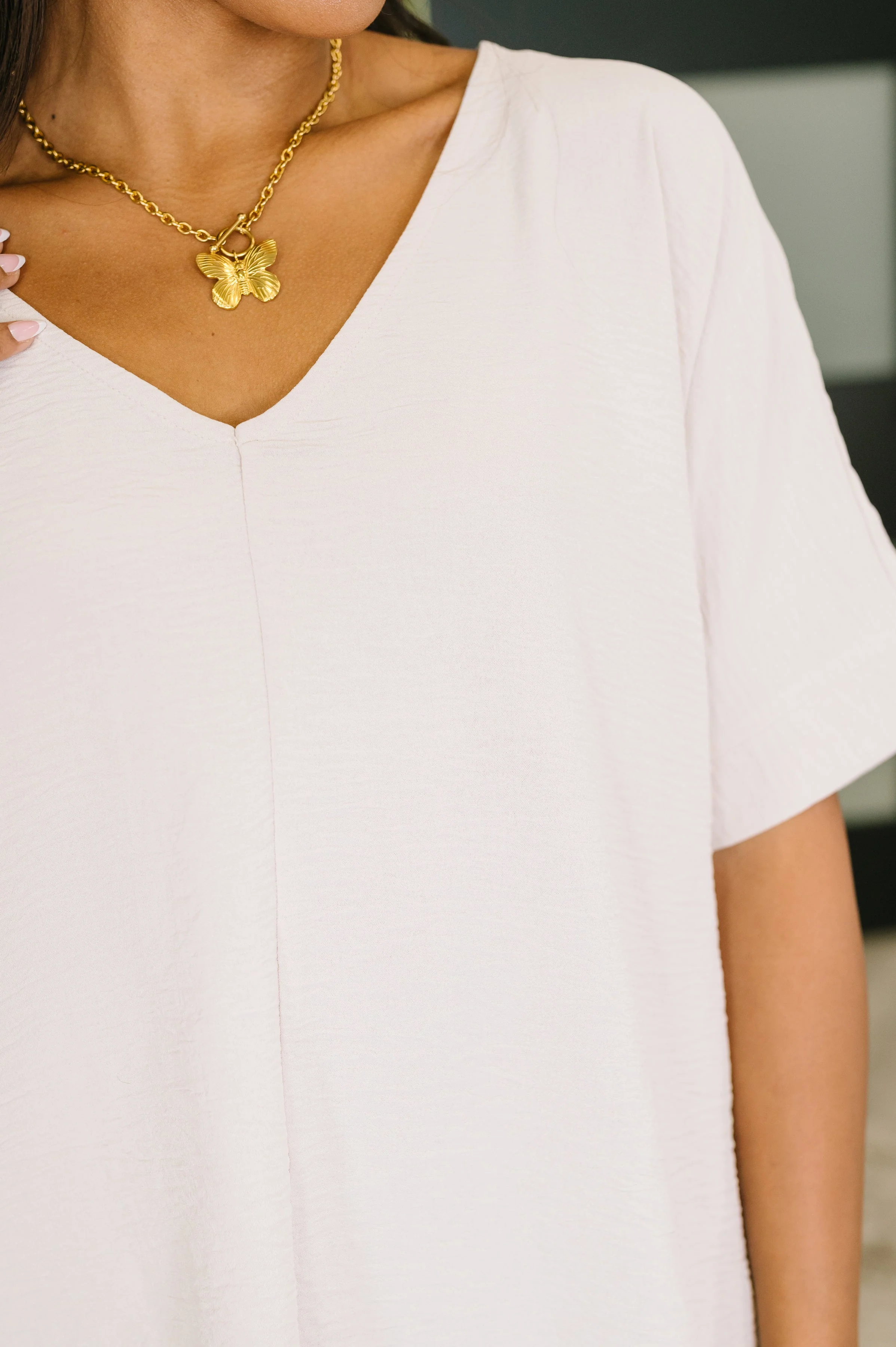 Counter Part Crinkle Woven V-Neck Top in Sand Beige - Image 2