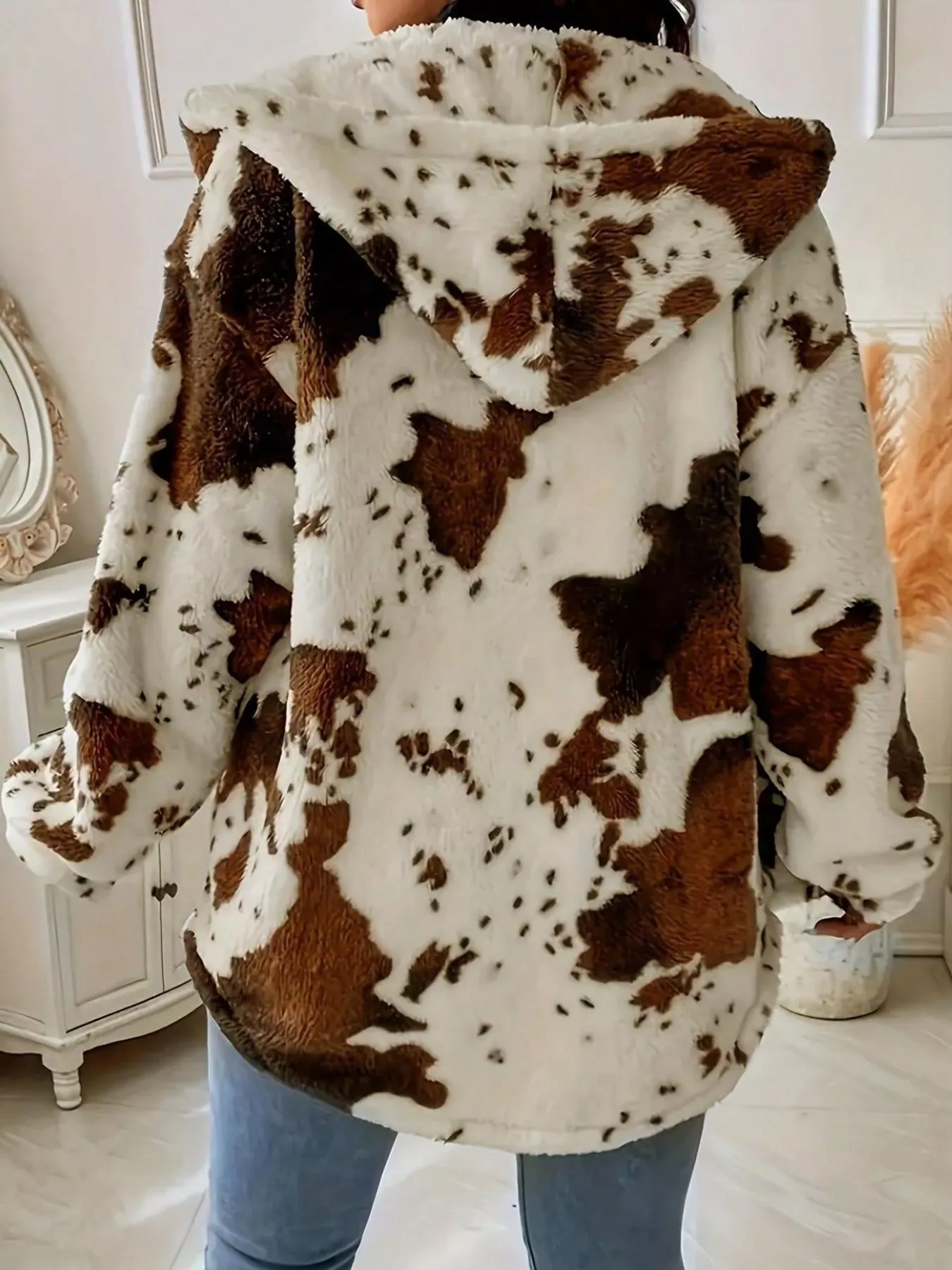 Cow Print Plush Hooded Outerwear - Image 5