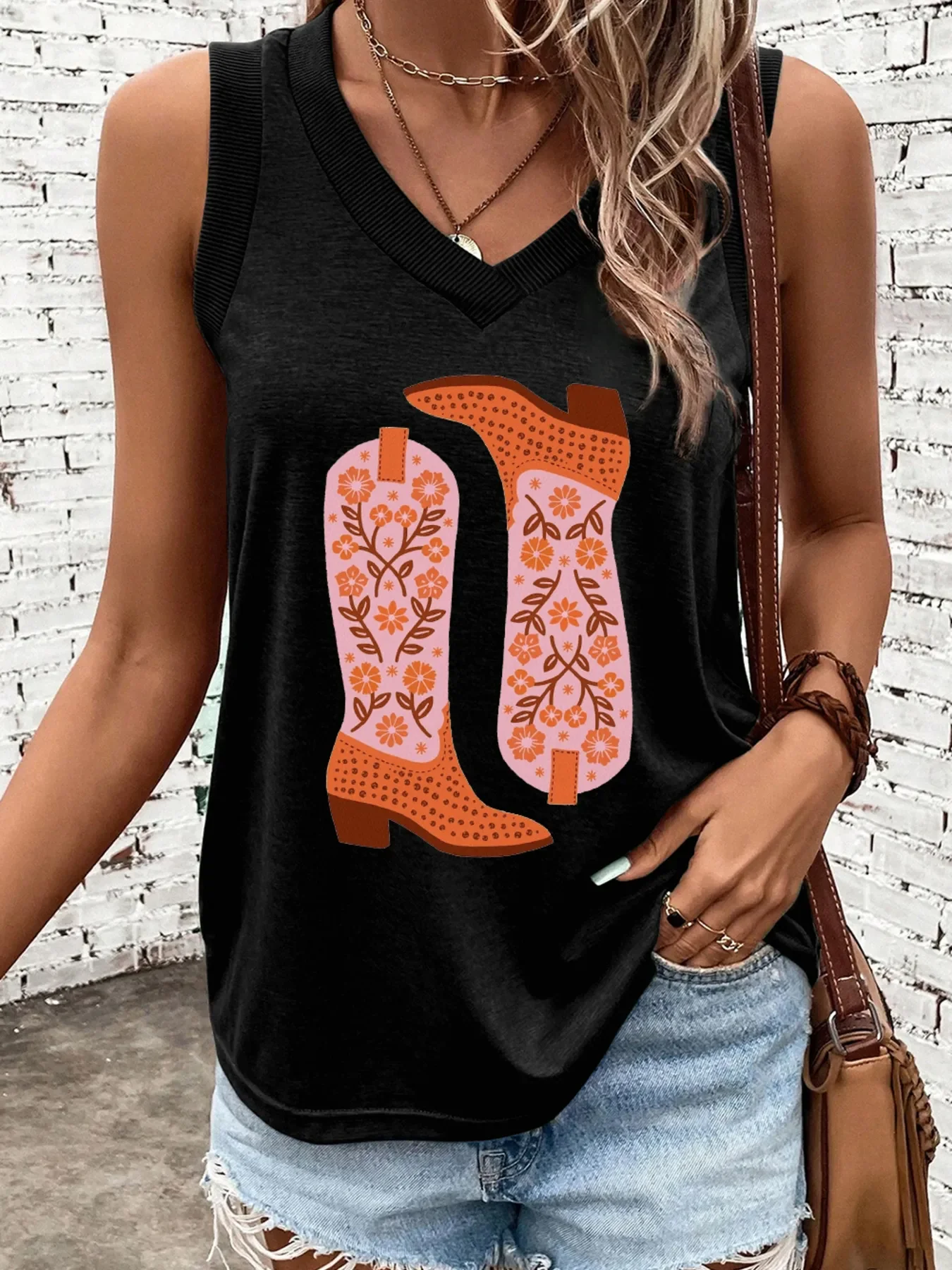 Cowgirl Floral Boots Printed Tank Top - Image 3