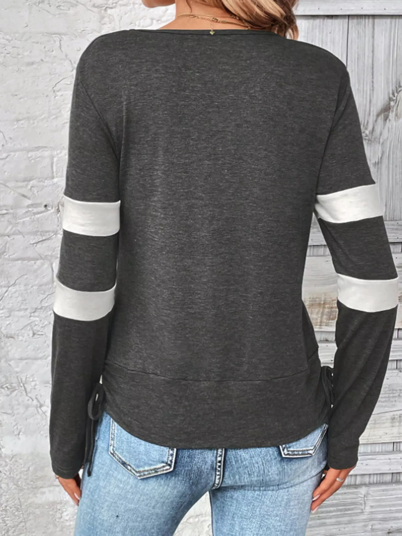 Cowl Neck Long Sleeve Fake Two-Piece T-Shirt - Image 3
