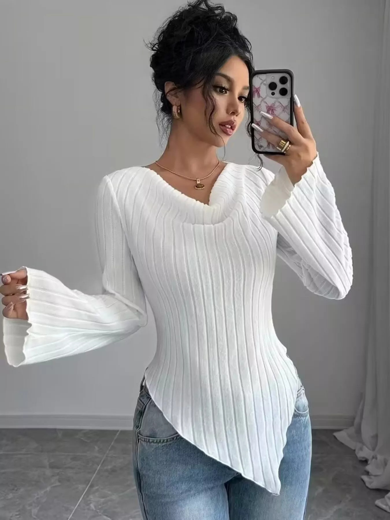 Cowl Neck Ribbed Knit T-Shirt - Image 4
