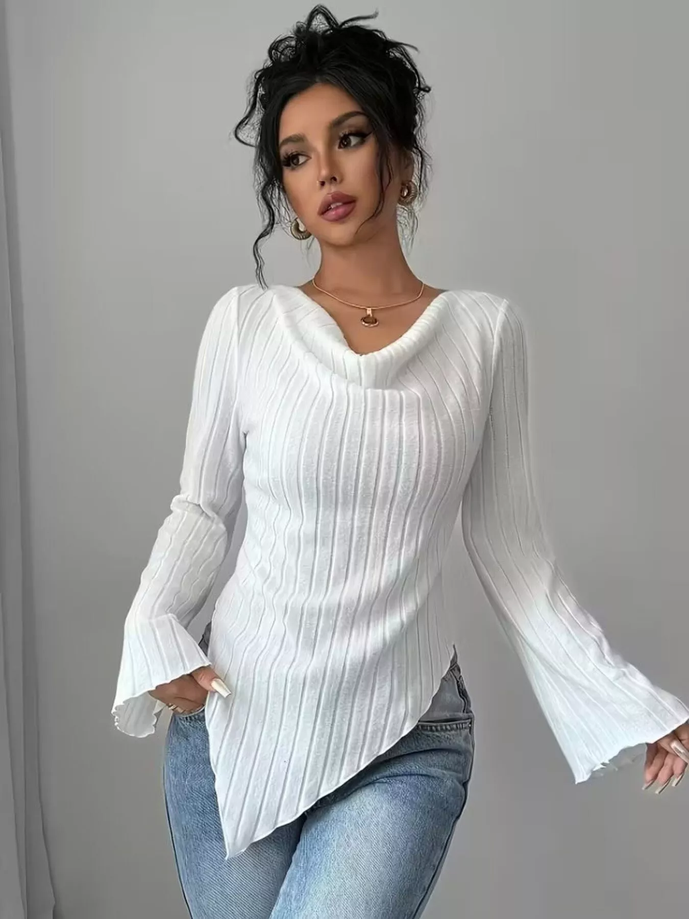 Cowl Neck Ribbed Knit T-Shirt - Image 5