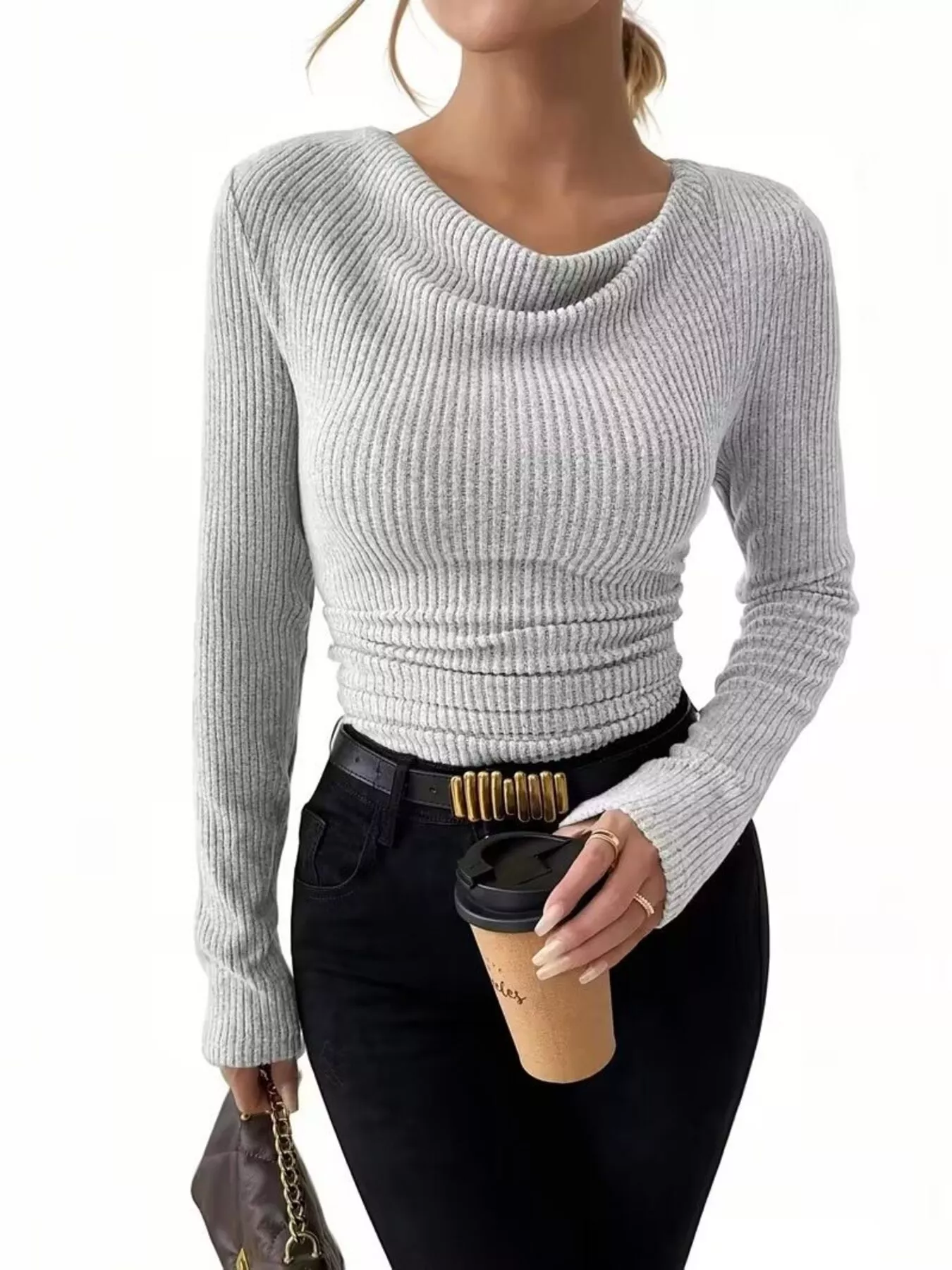Cowl Neck Ribbed Knit Top - Image 19