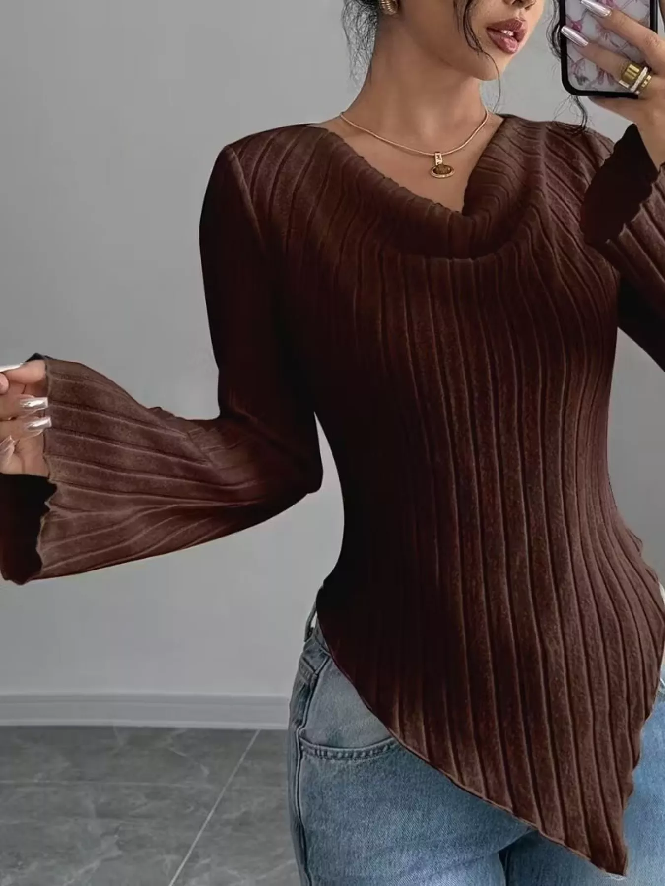 Cowl Neck Ribbed Knit Top - Image 4