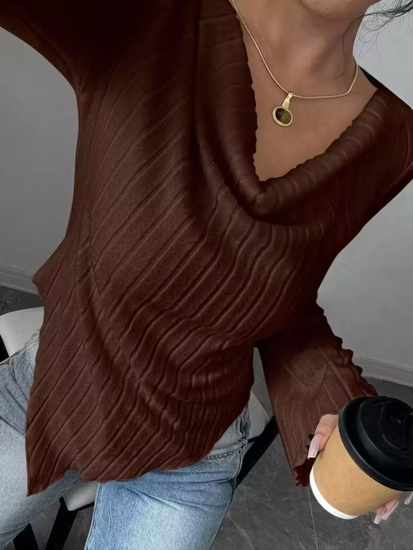 Cowl Neck Ribbed Knit Top - Image 5