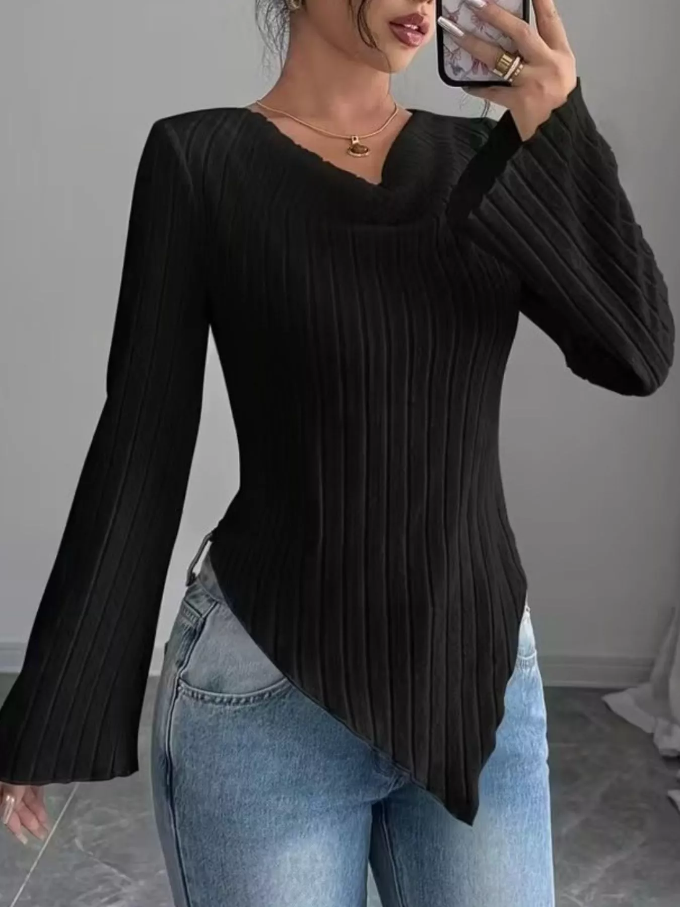 Cowl Neck Ribbed Knit Top - Image 6