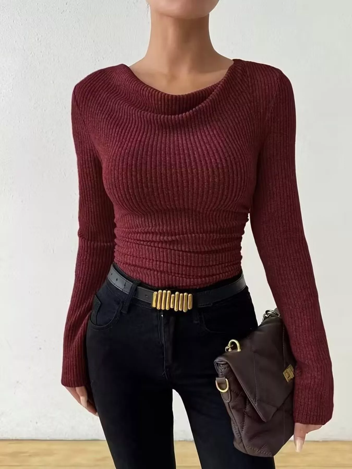 Cowl Neck Ribbed Knit Top - Image 21