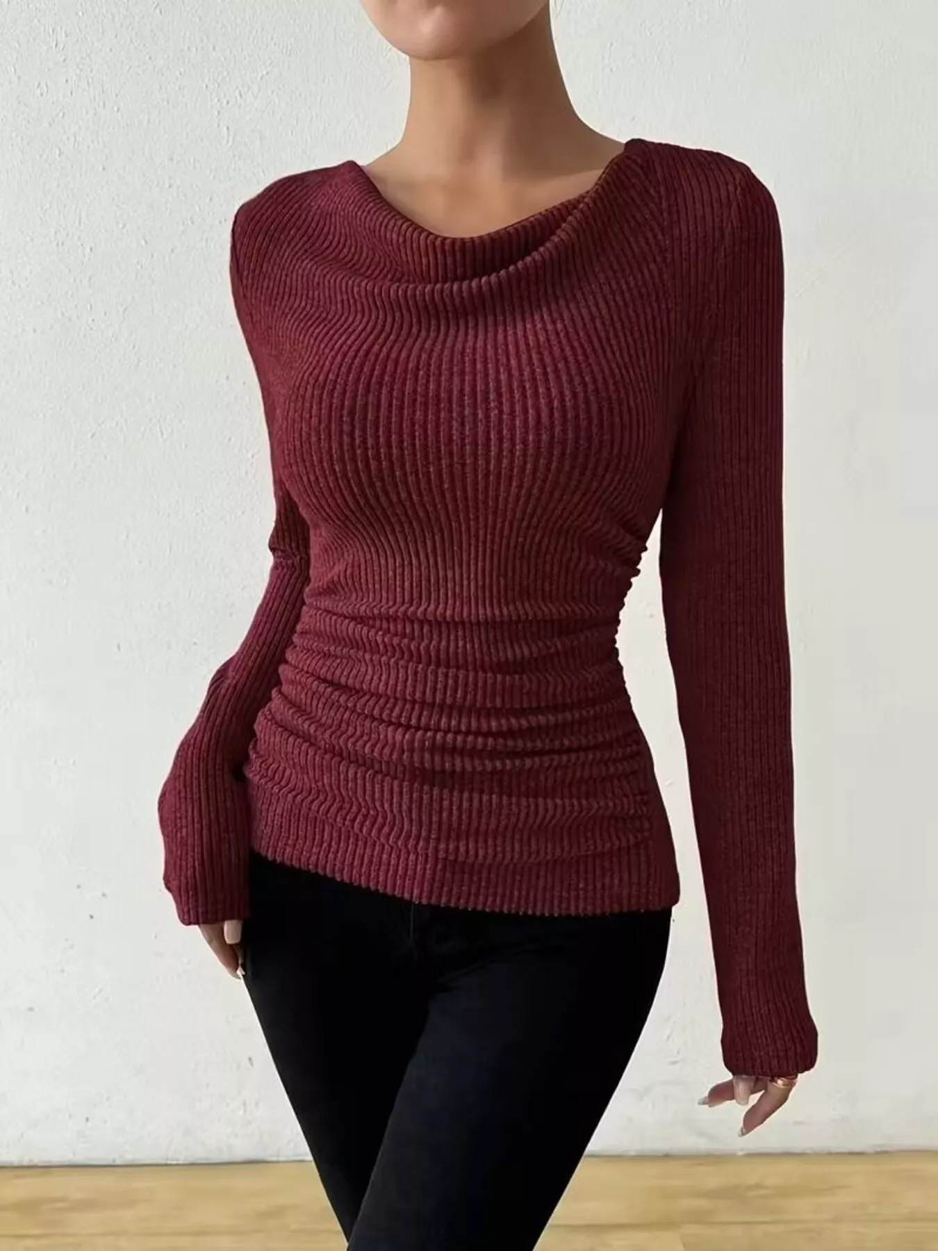 Cowl Neck Ribbed Knit Top - Image 25