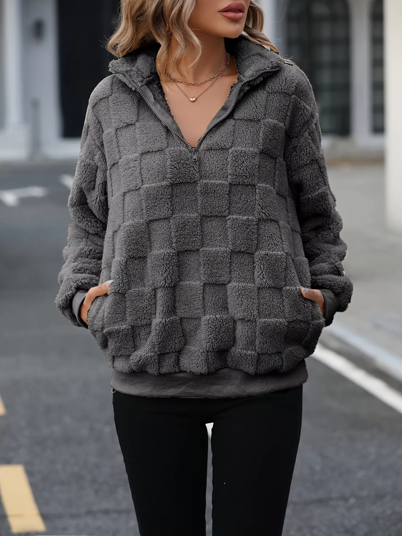 Cozy Checkered Fleece Quarter Zip Sweatshirt - Image 3