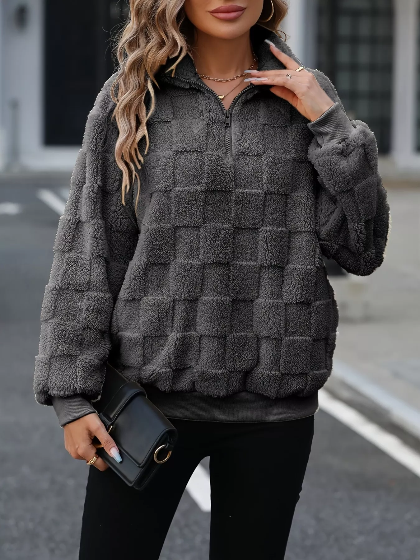 Cozy Checkered Fleece Quarter Zip Sweatshirt - Image 4