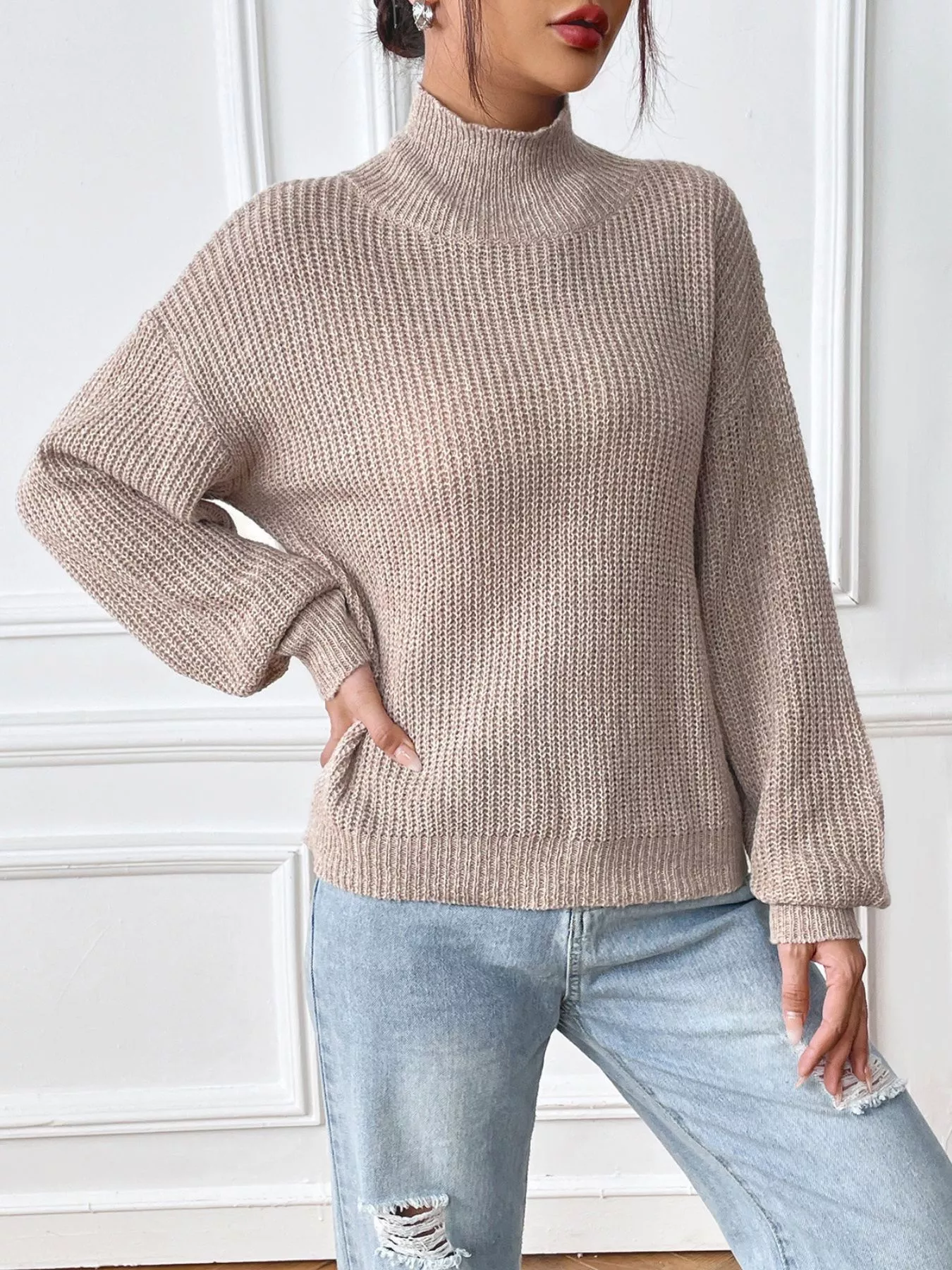 Cozy Knit Turtleneck Dropped Shoulder Sweater - Image 3