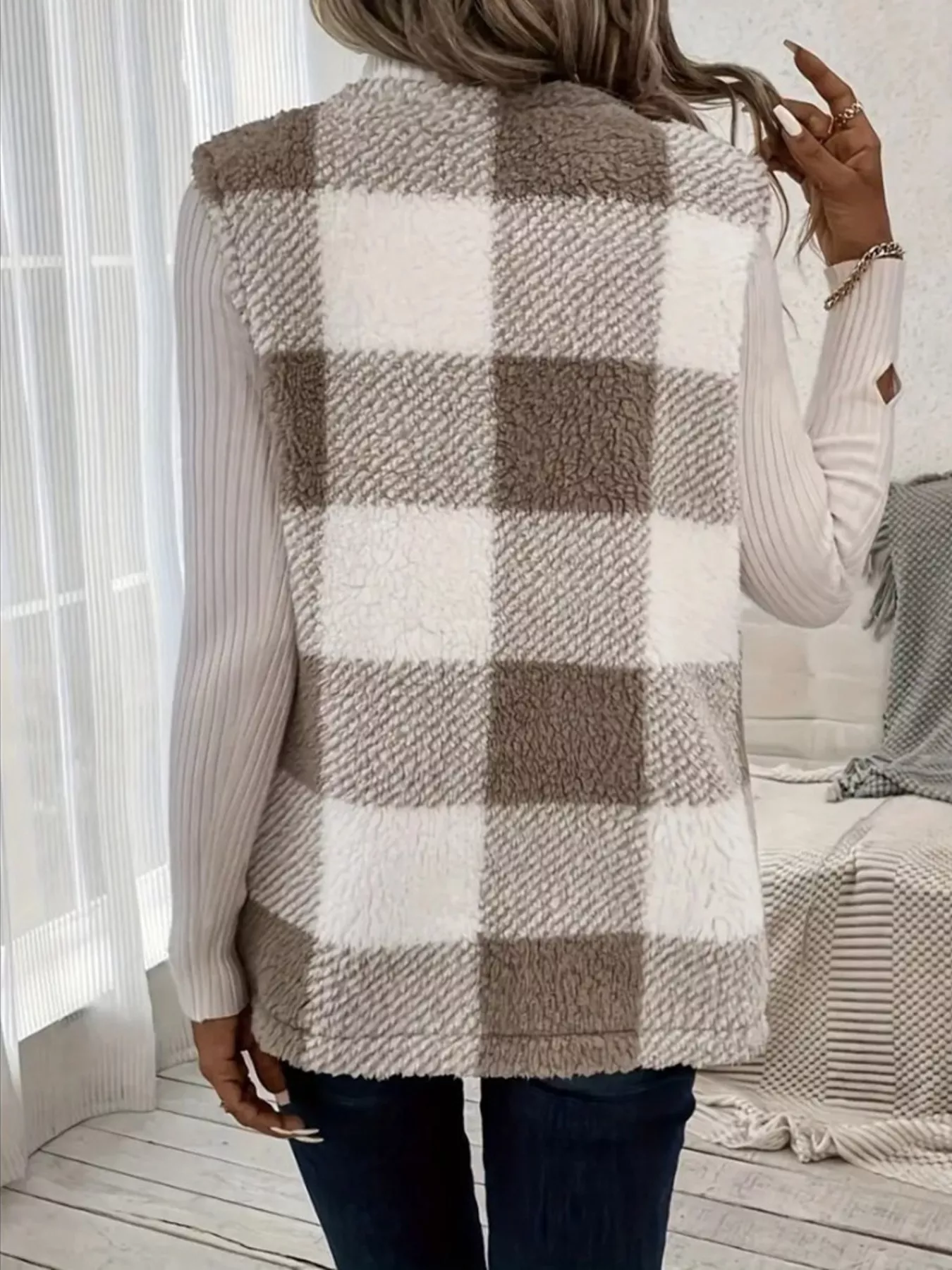 Cozy Plaid Sherpa Vest Coat - Image 2
