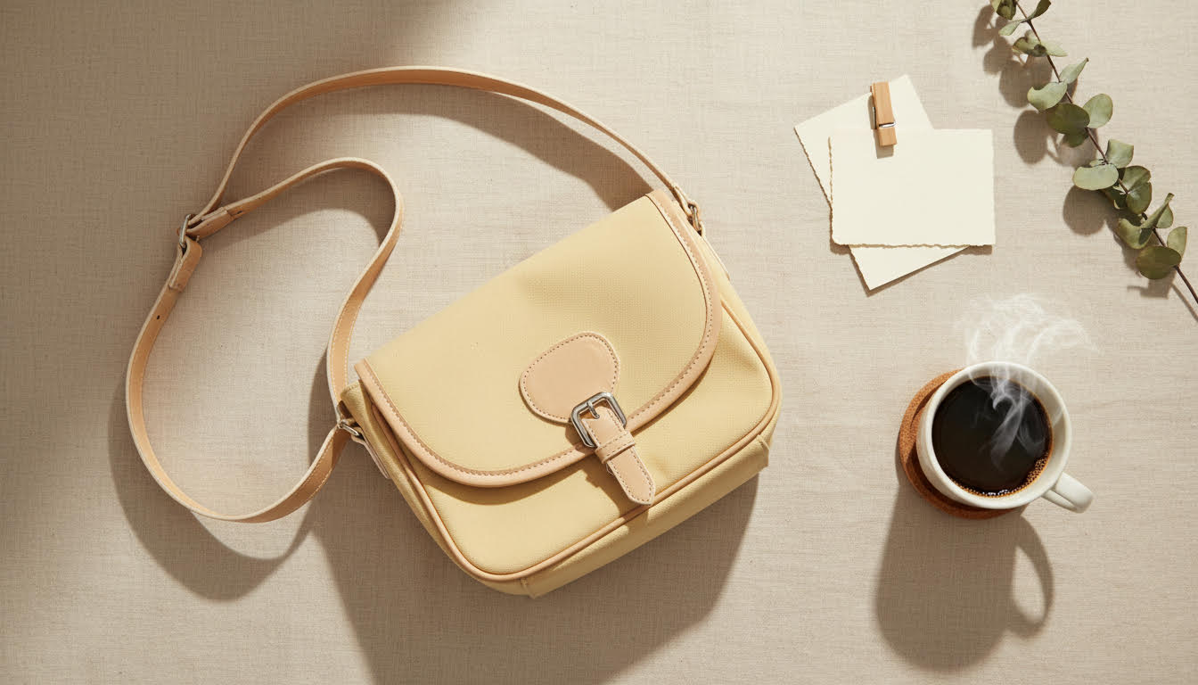 Cream Beige Leather Crossbody Bag with Buckle