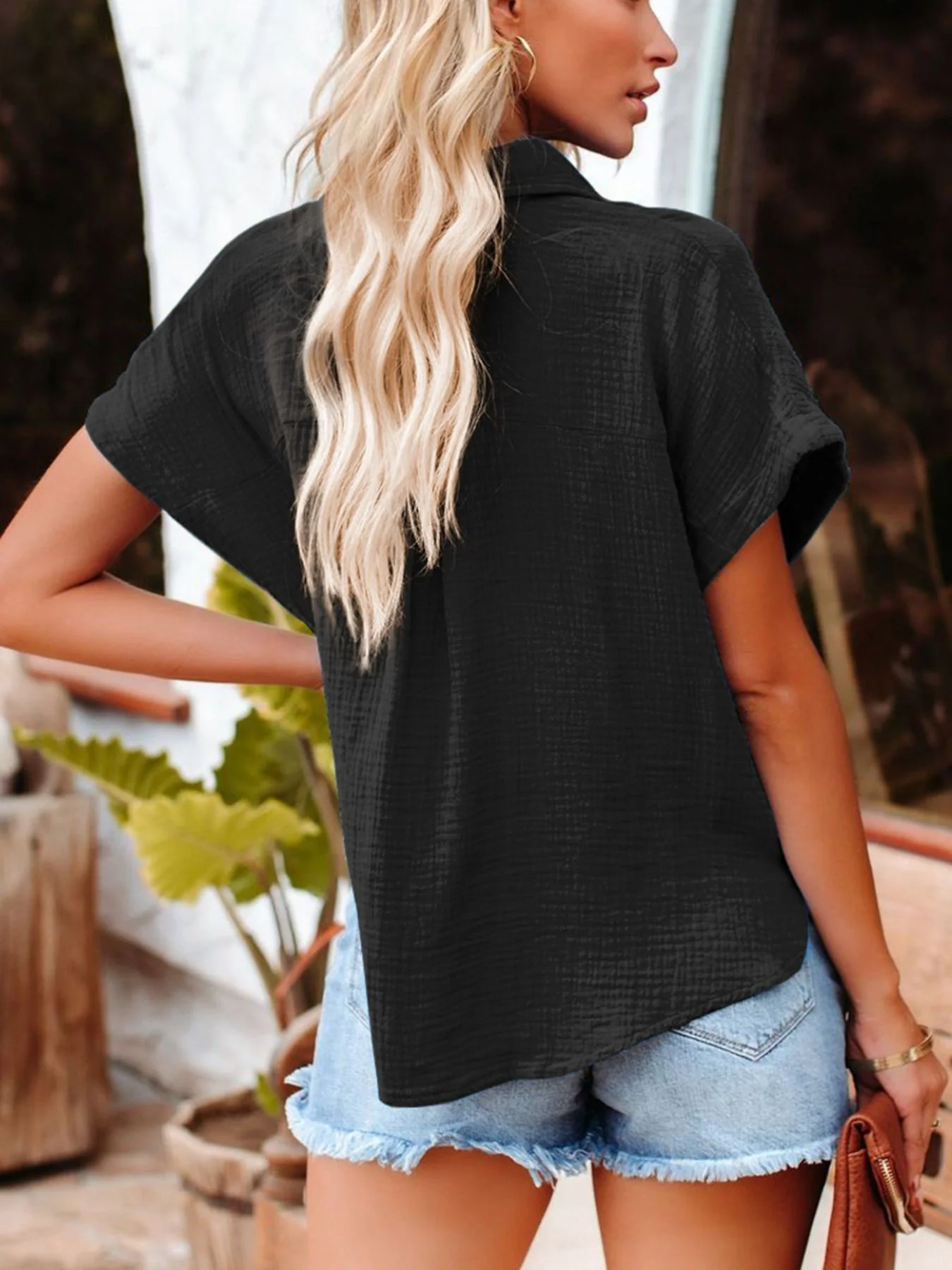 Crinkle Cotton Loose Short Sleeve Shirt - Image 3