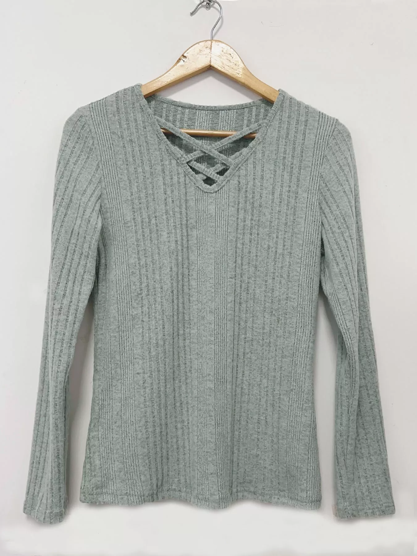 Crisscross V-Neck Ribbed Knit Long Sleeve T-Shirt - Image 2