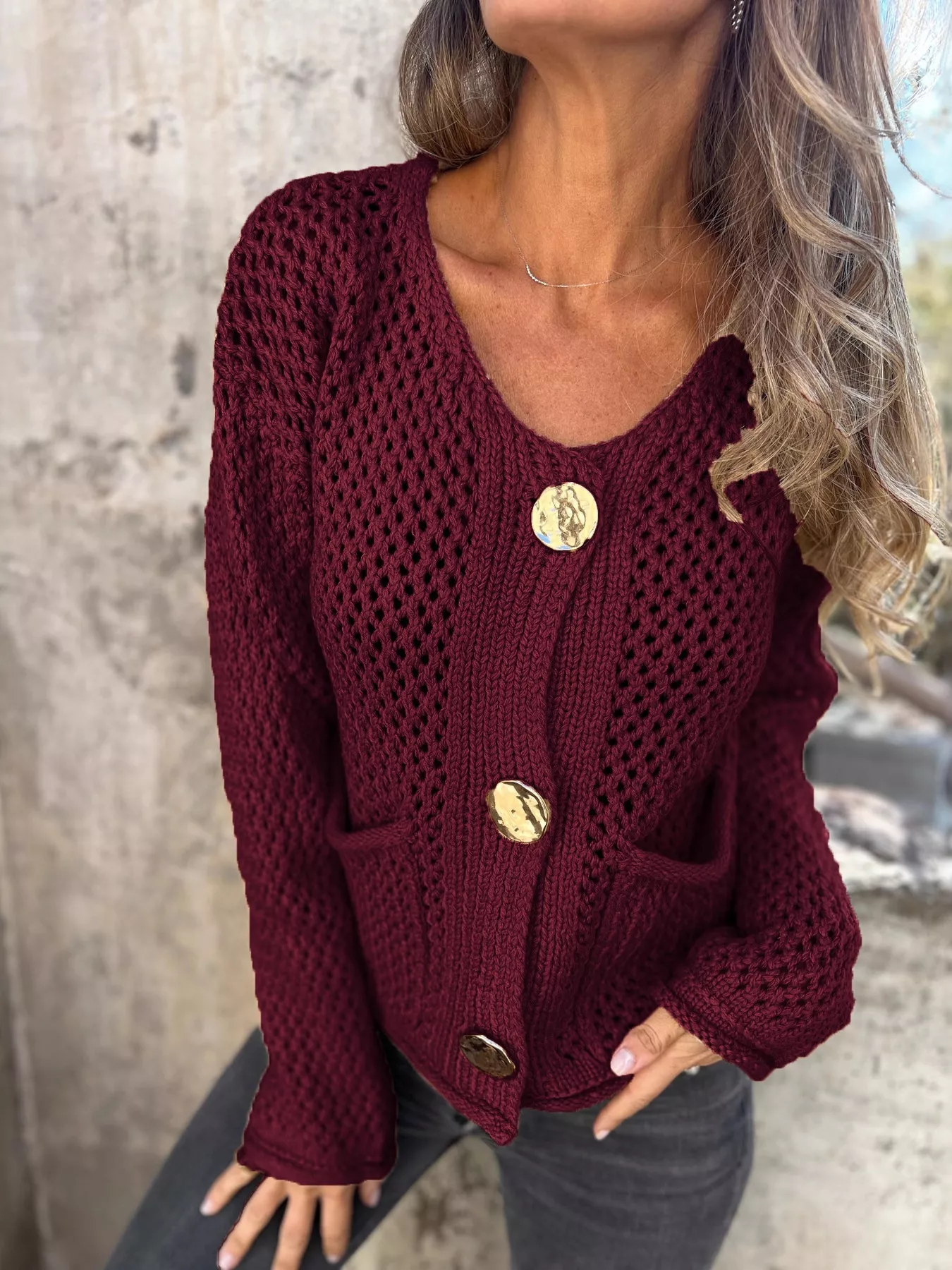 Crochet Button Up Long Sleeve Cardigan - Image 25