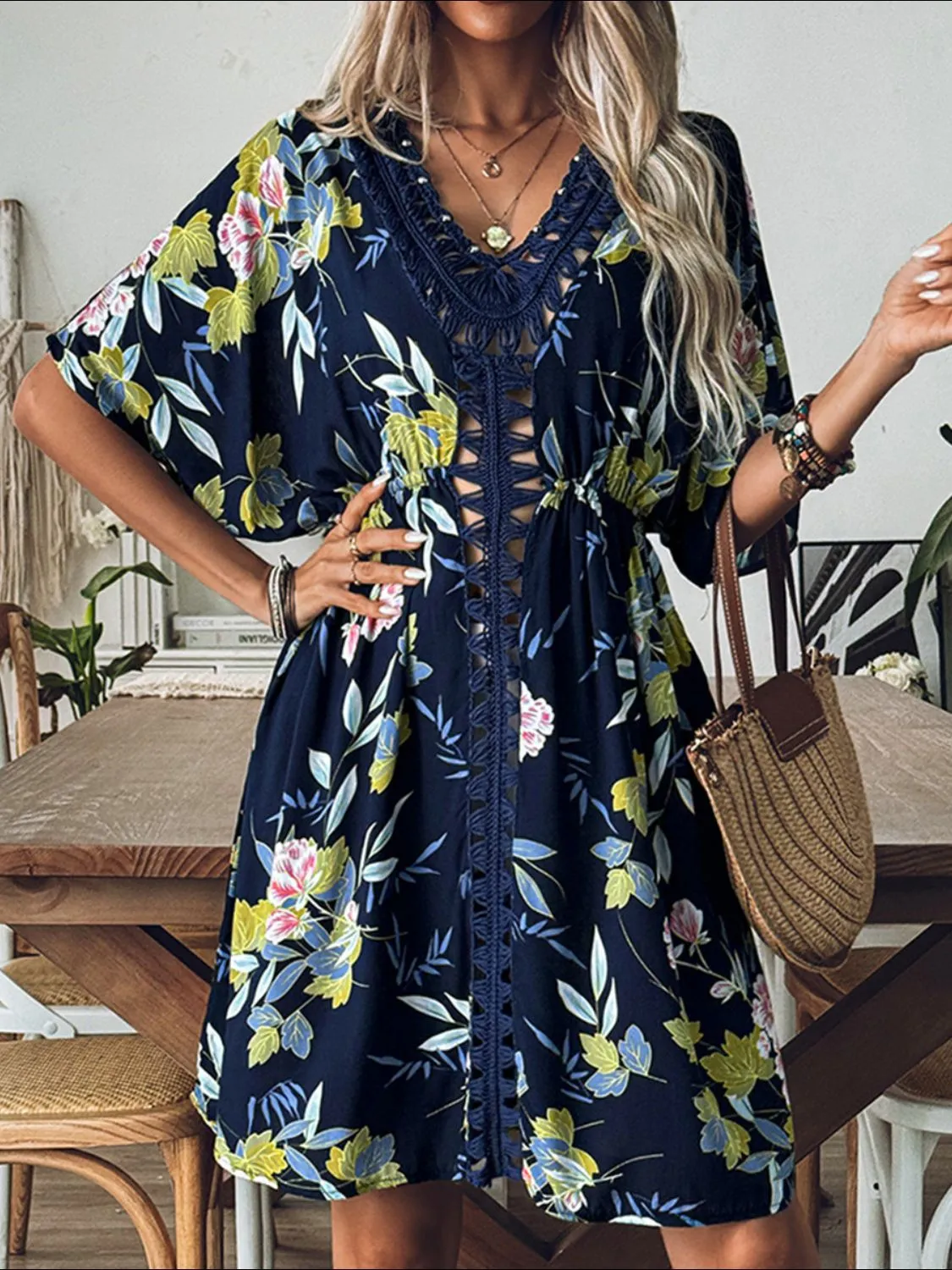 Crochet Front V-Neck Printed Cover-Up - Image 5