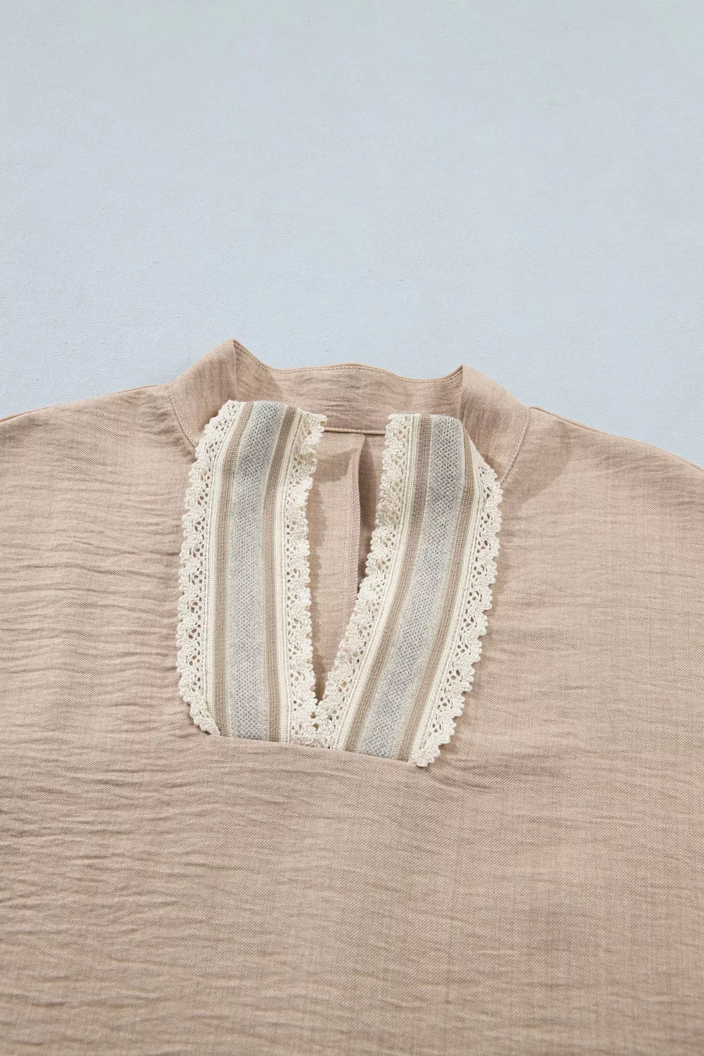 Crochet Lace Accent Pullover Rolled Short Sleeve Blouse - Image 6