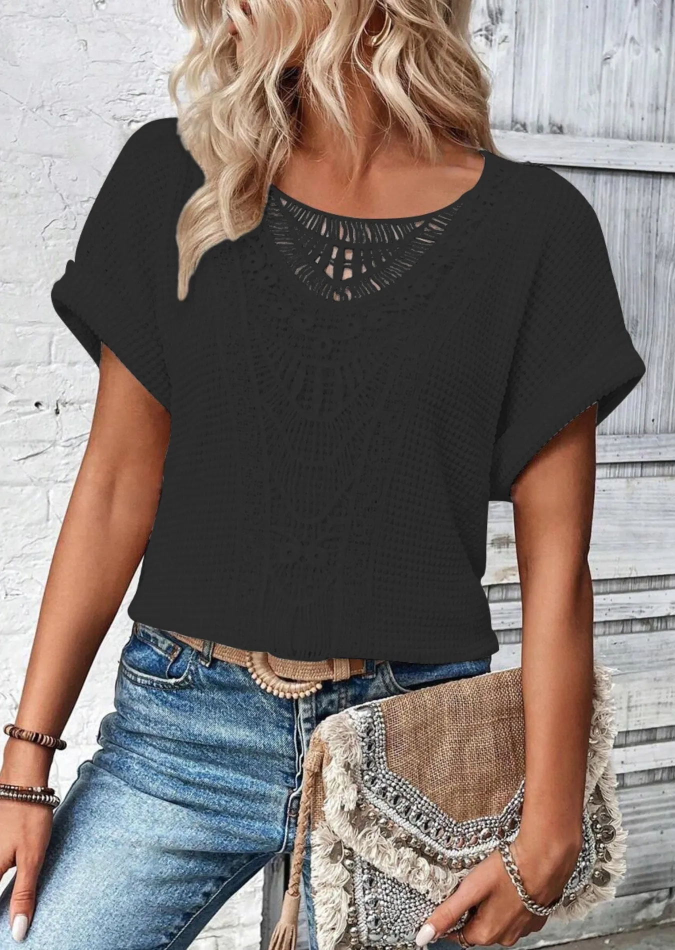 Crochet Lace Short Sleeve Casual T-Shirt - Image 15