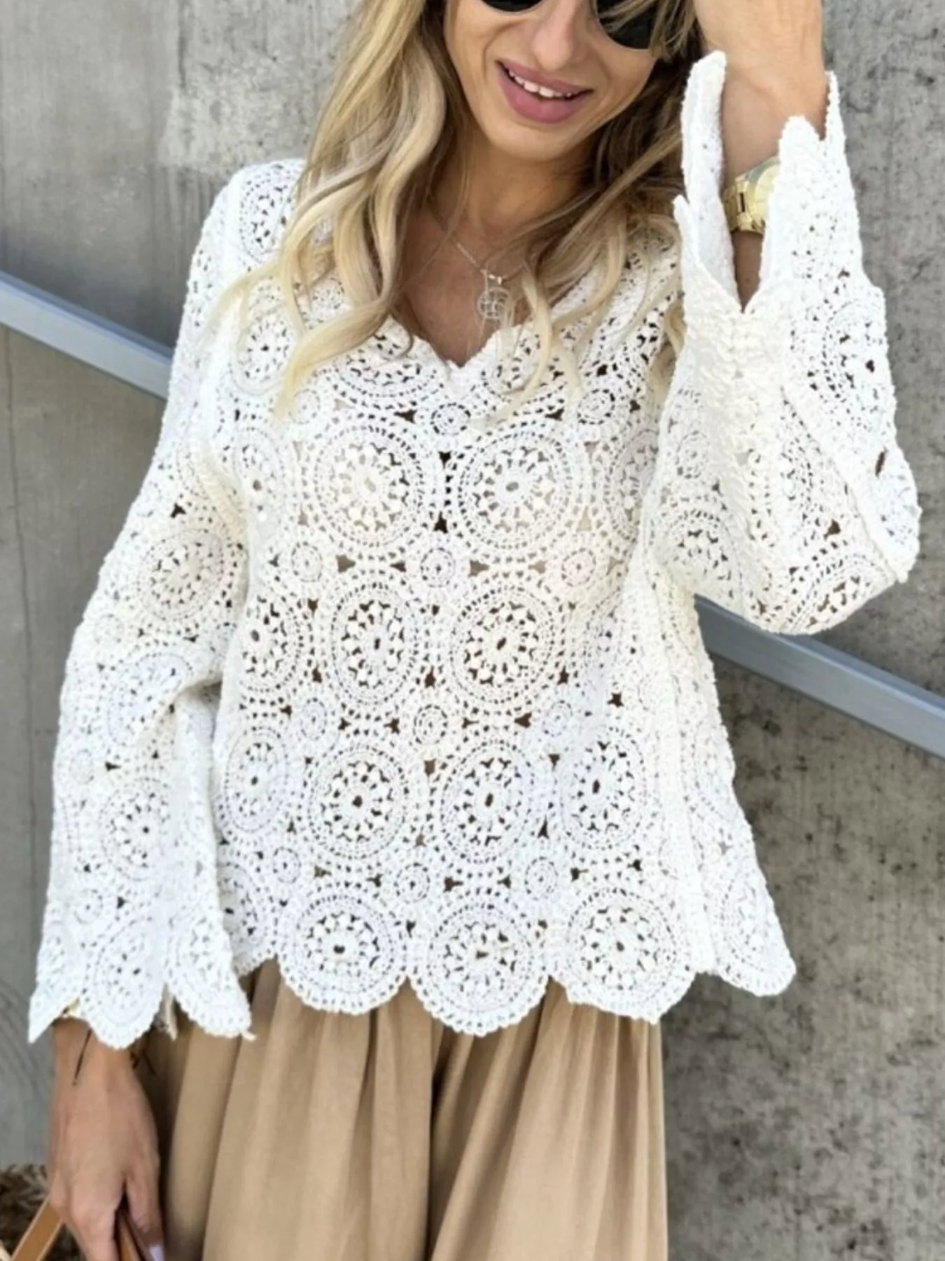 Crochet Lace V-Neck Bell Sleeve Knit Top - Image 10