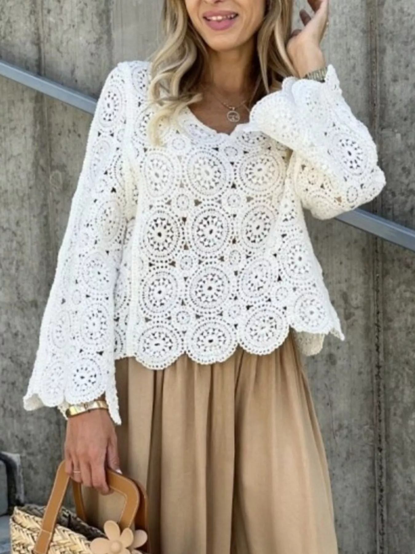 Crochet Lace V-Neck Bell Sleeve Knit Top - Image 14