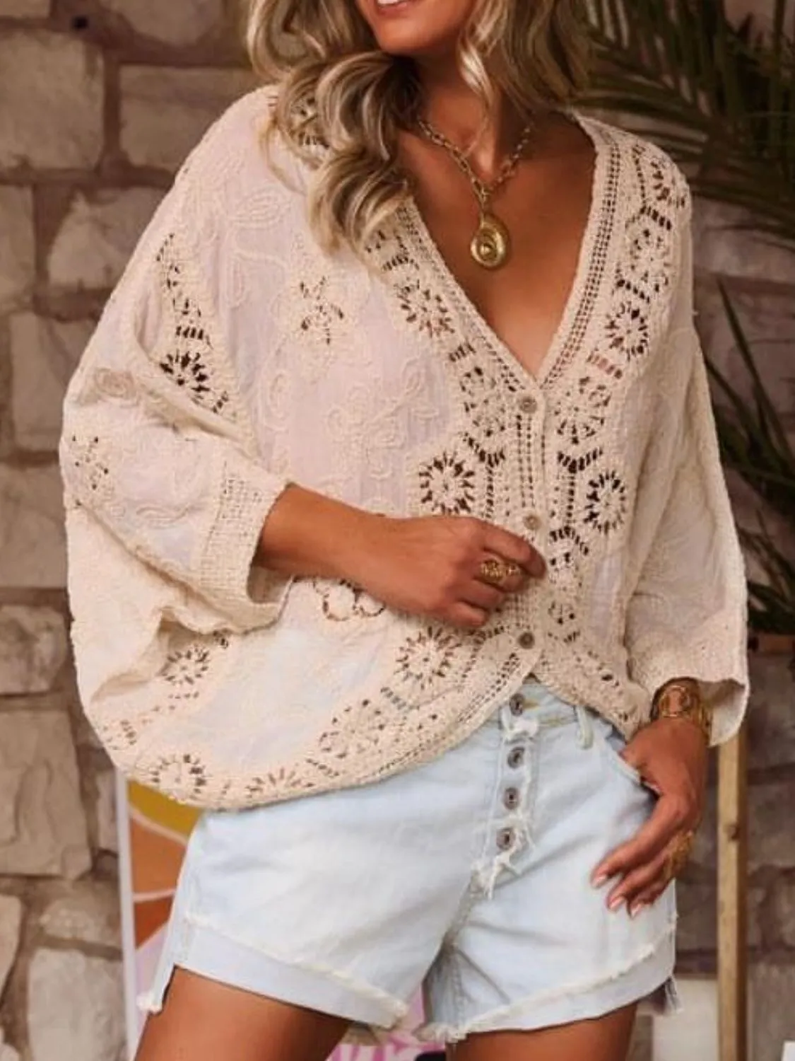 Crochet Lace V-Neck Blouse - Image 2