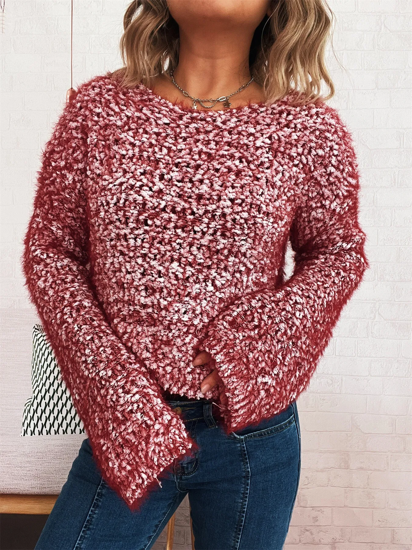 Crochet Round Neck Dropped Shoulder Sweater - Image 14
