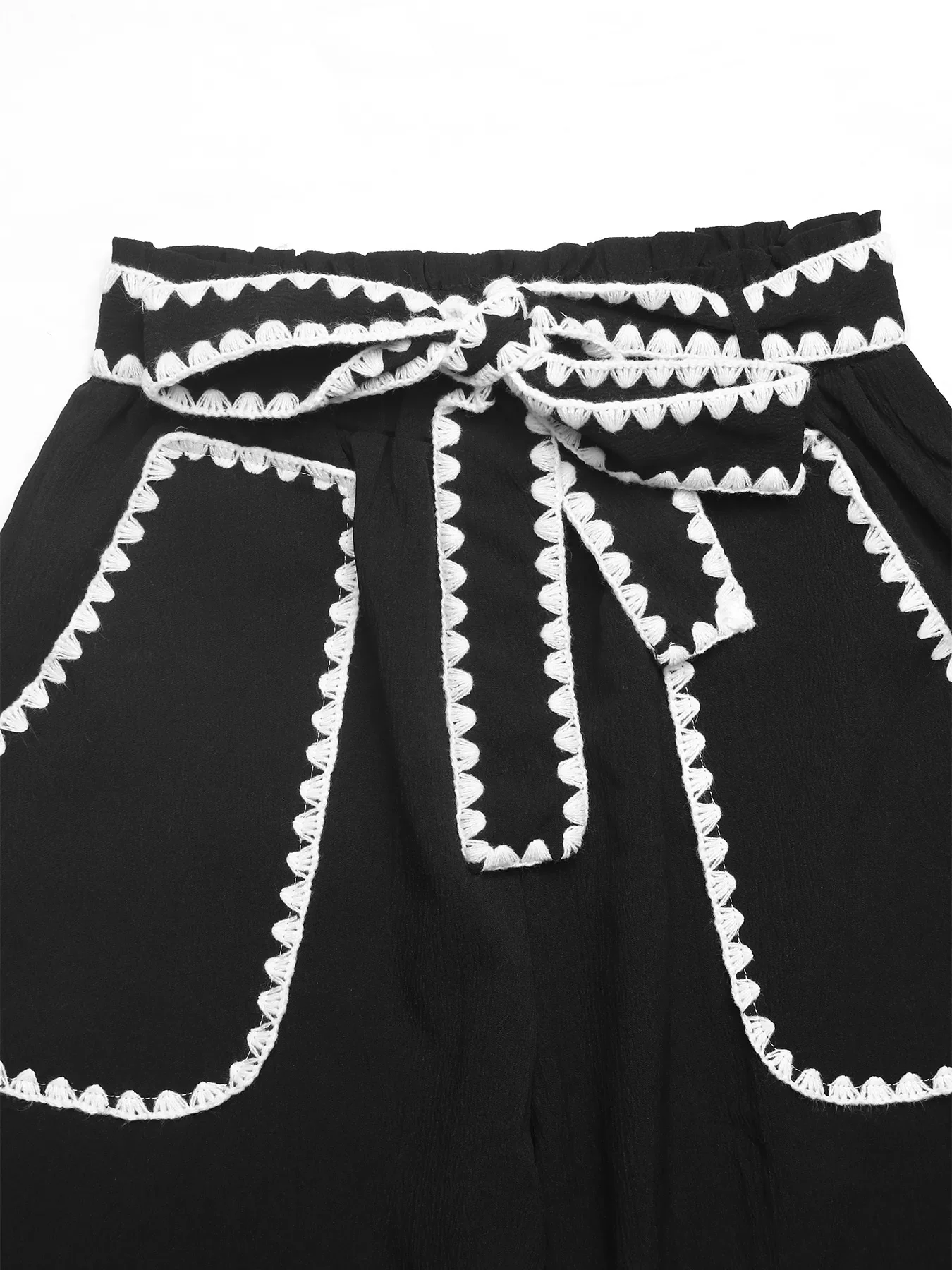 Crochet Trim Tie Waist Wide Leg Pants - Image 3