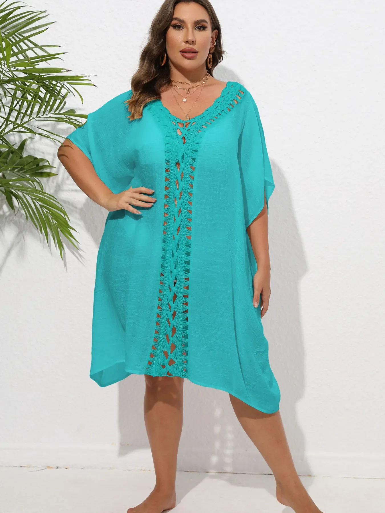 Crochet Trim V-Neck Beach Cover Up Dress - Image 27