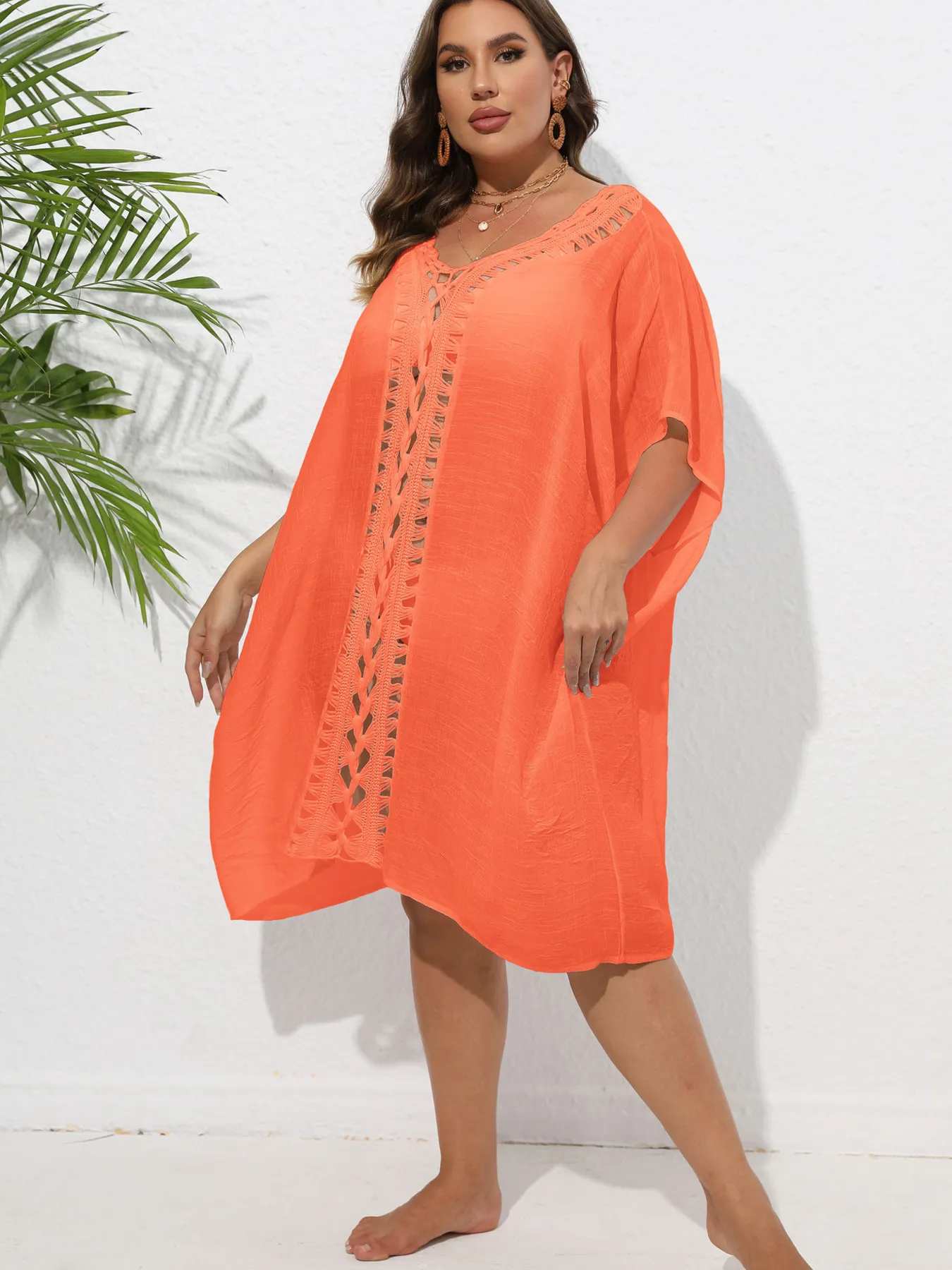 Crochet Trim V-Neck Beach Cover Up Dress - Image 31