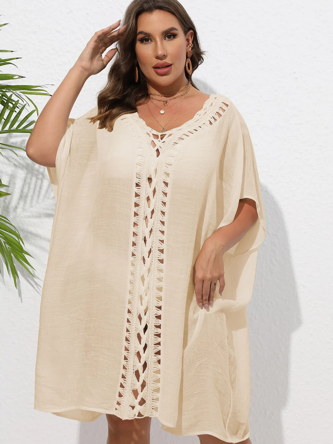 Crochet Trim V-Neck Beach Cover Up Dress - Image 7