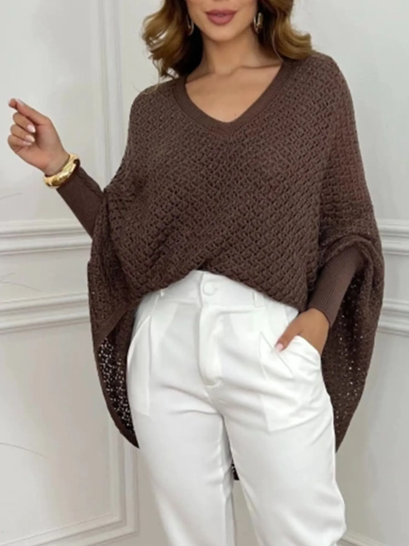 Crochet V-Neck Batwing Sleeves Oversized Sweater - Image 8