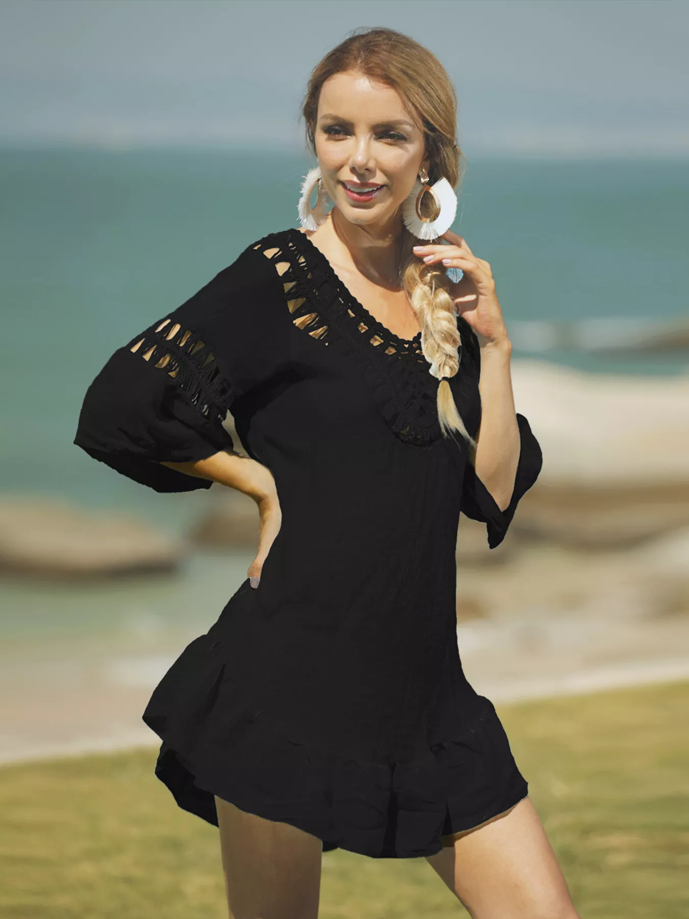 Crochet V-Neck Beach Cover-Up Dress - Image 2