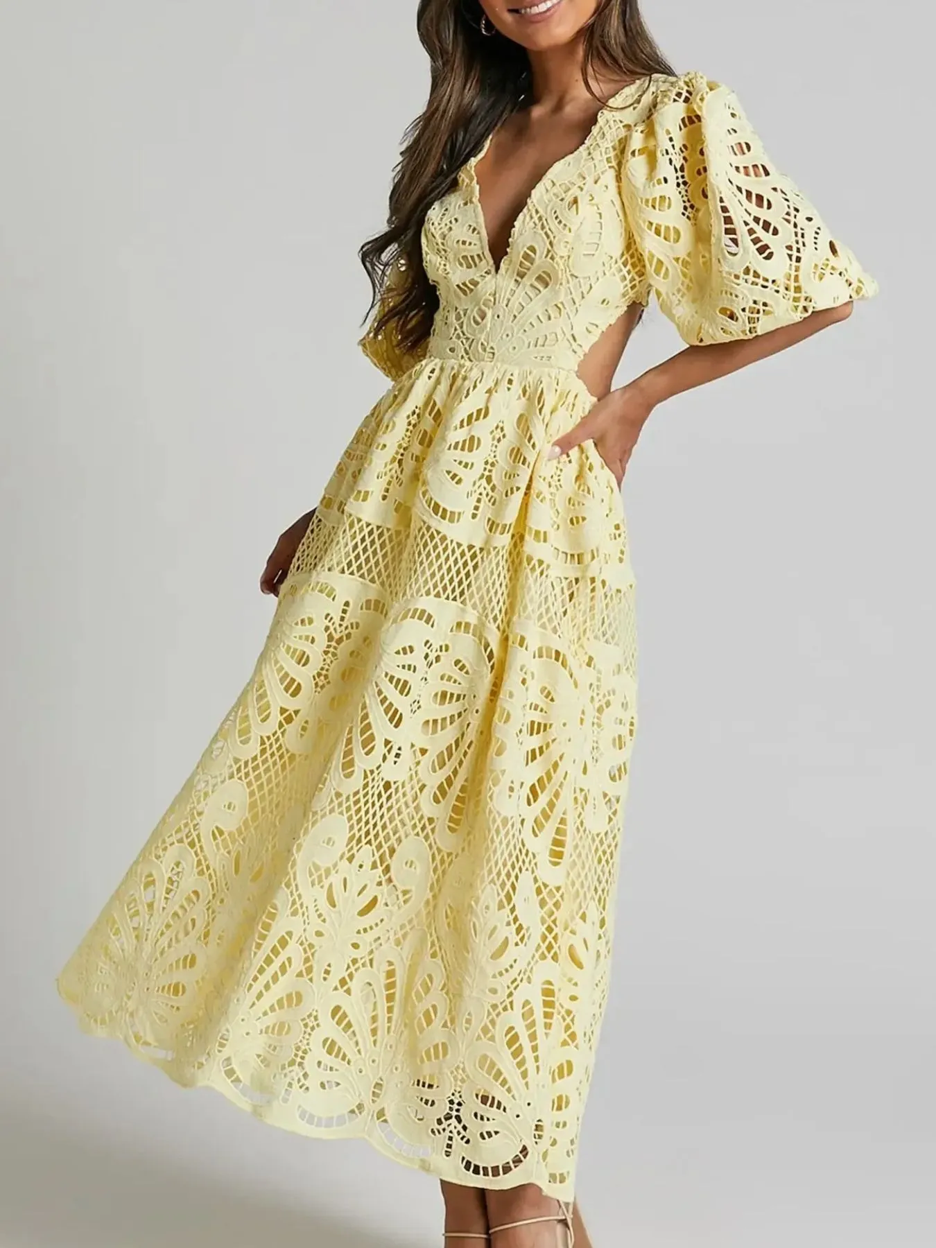 Cutout Back Lace Crochet V-Neck Dress - Image 2