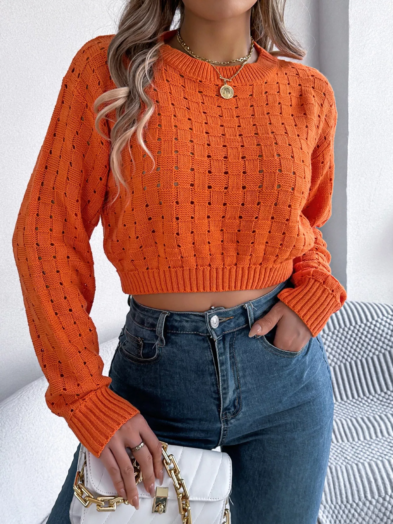 Cutout Back Openwork Round Neck Long Sleeve Sweater - Image 6