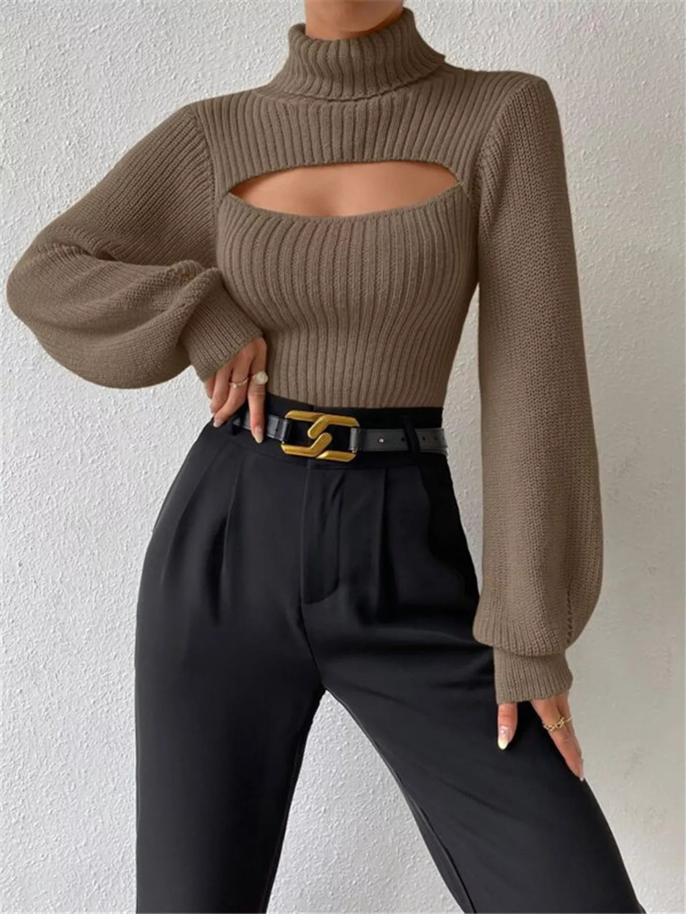 Cutout Front Turtleneck Long Sleeve Sweater - Image 6