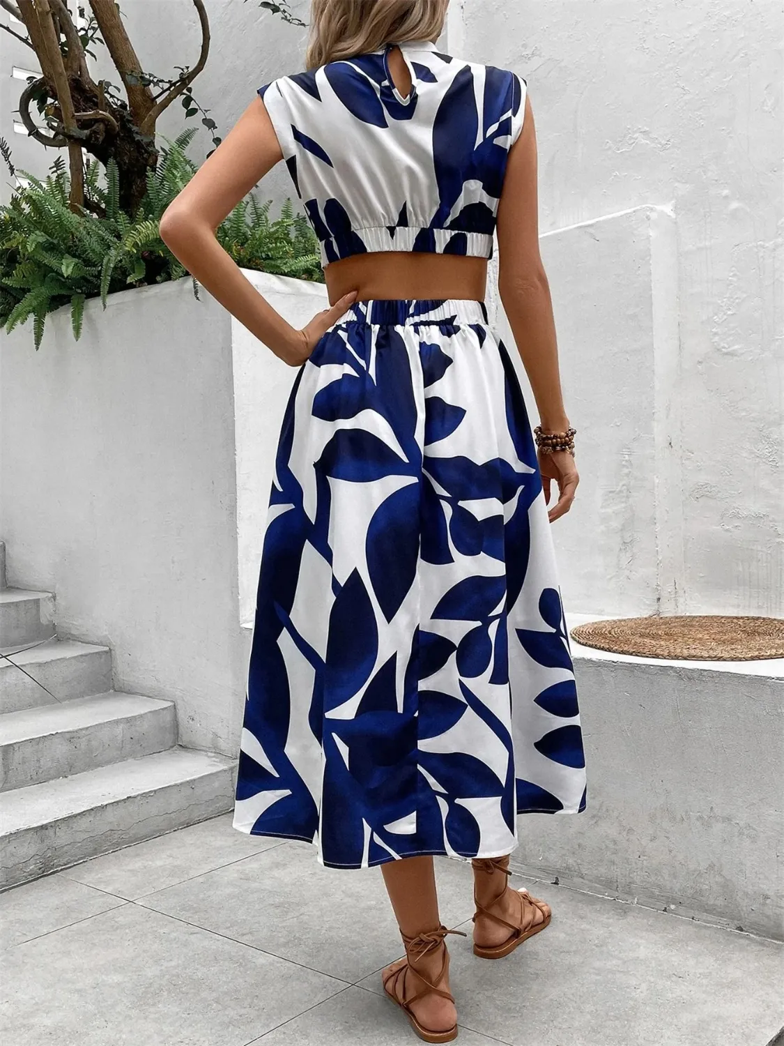 Cutout Printed Cap Sleeve Midi Dress - Image 13