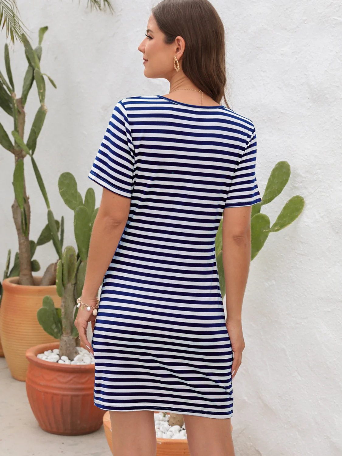 Cutout Striped Round Neck Short Sleeve Dress - Image 6